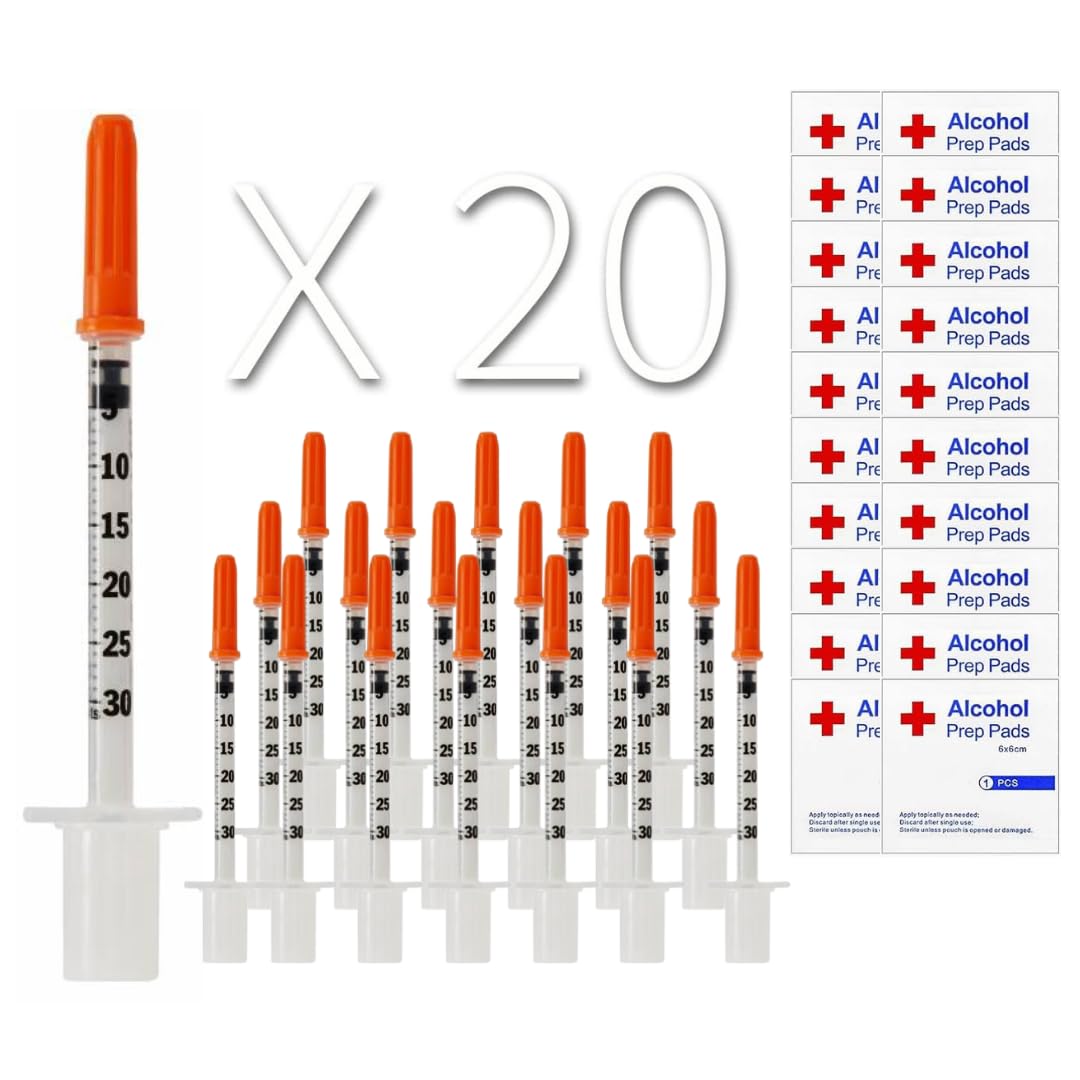 20 Stück 0.3ml/cc 29G 1/2" (12,7mm) Plastiktube + 20 Stück Free Desinfektionstupfer, Einzeln verpackt, Laborzubehör, Mehrzweck-Messwerkzeuge