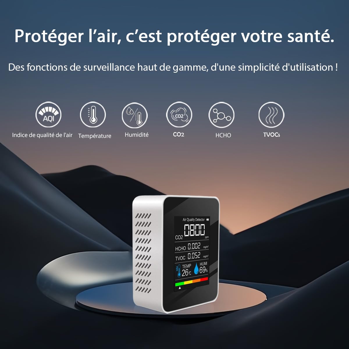 Professionnel Moniteur Qualité de l'Air 5-en-1 avec Capteur CO₂ – Mesure en Temps Réel : CO2, HCHO (Formaldéhyde), TVOC, Température et Humidité – Analyseur pour Intérieur Maison, Bureau, École