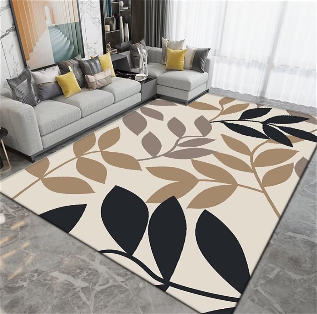 Tapis de salon beige 50x80cm lavable et antidérapant avec motif feuilles