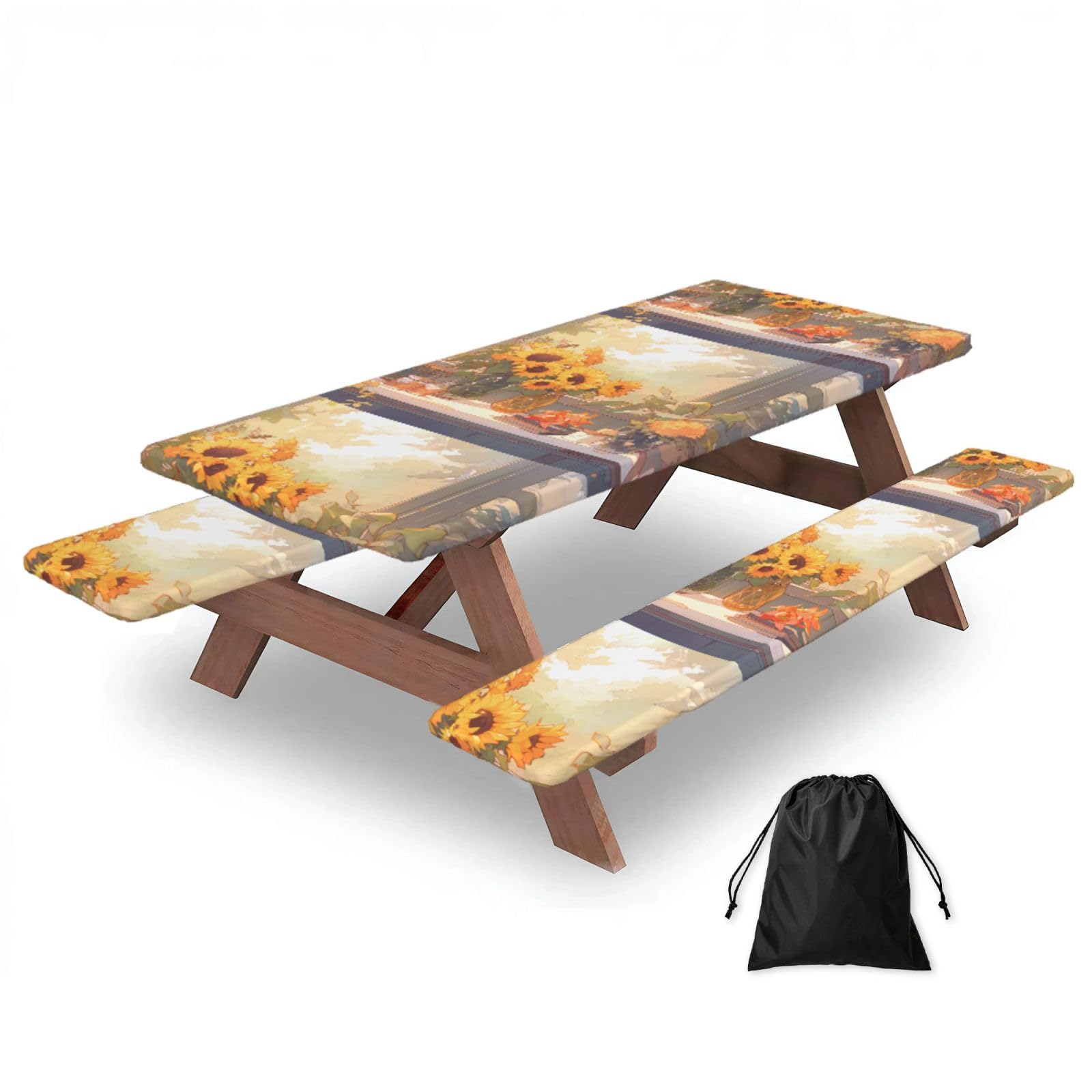 Hhbiuuo Black 72In Camping Table Cover & Bench Covers 3-Pack Set, Sunflowers Under The Windowsill Print Tablecloths, For Rectangle Tables Picnic