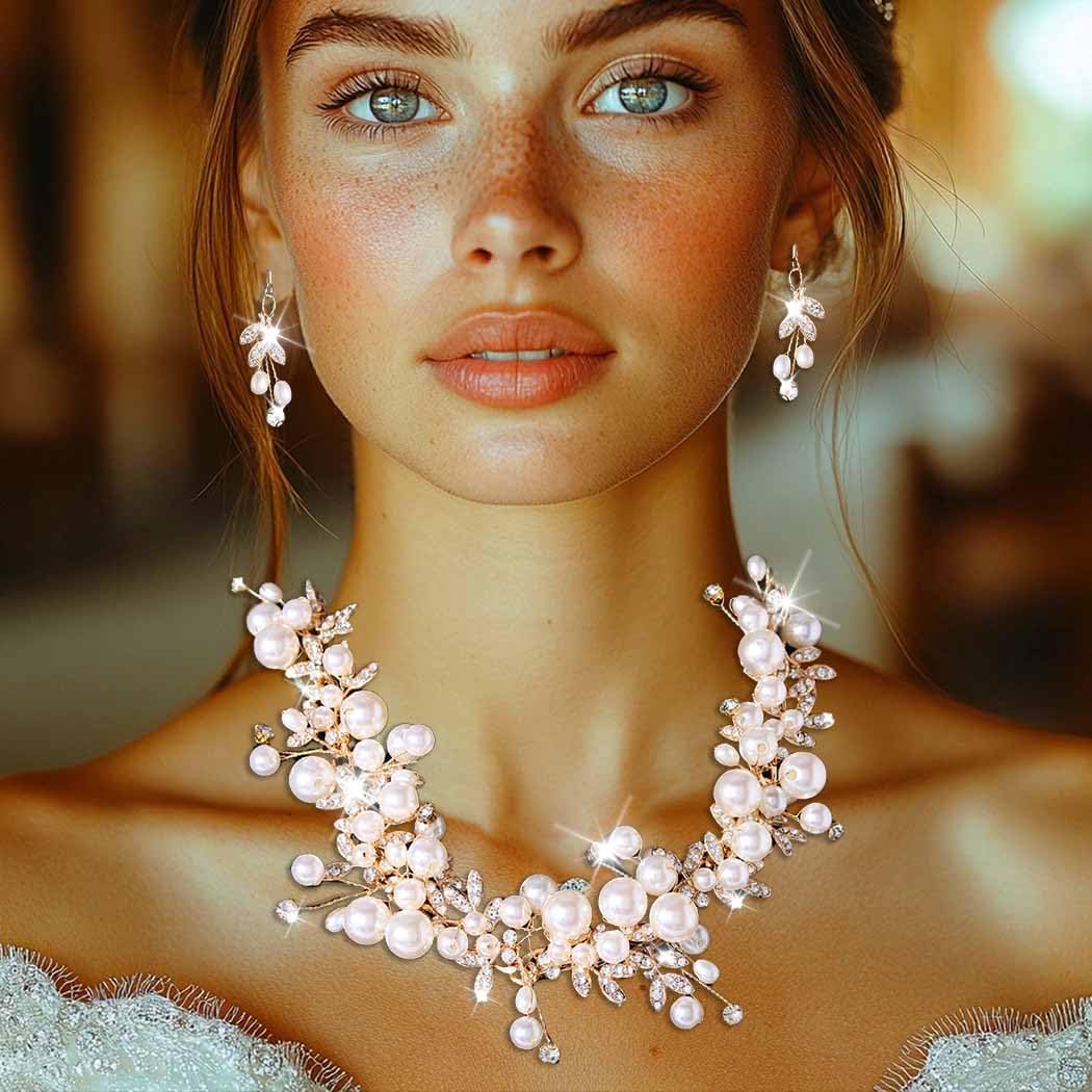 Unicra Gold Bridal Wedding Jewelry Set Pearl Necklace Earrings Sets Rhinestone Formal Prom Costume Jewelry Sets for Women and Brides - Image 6