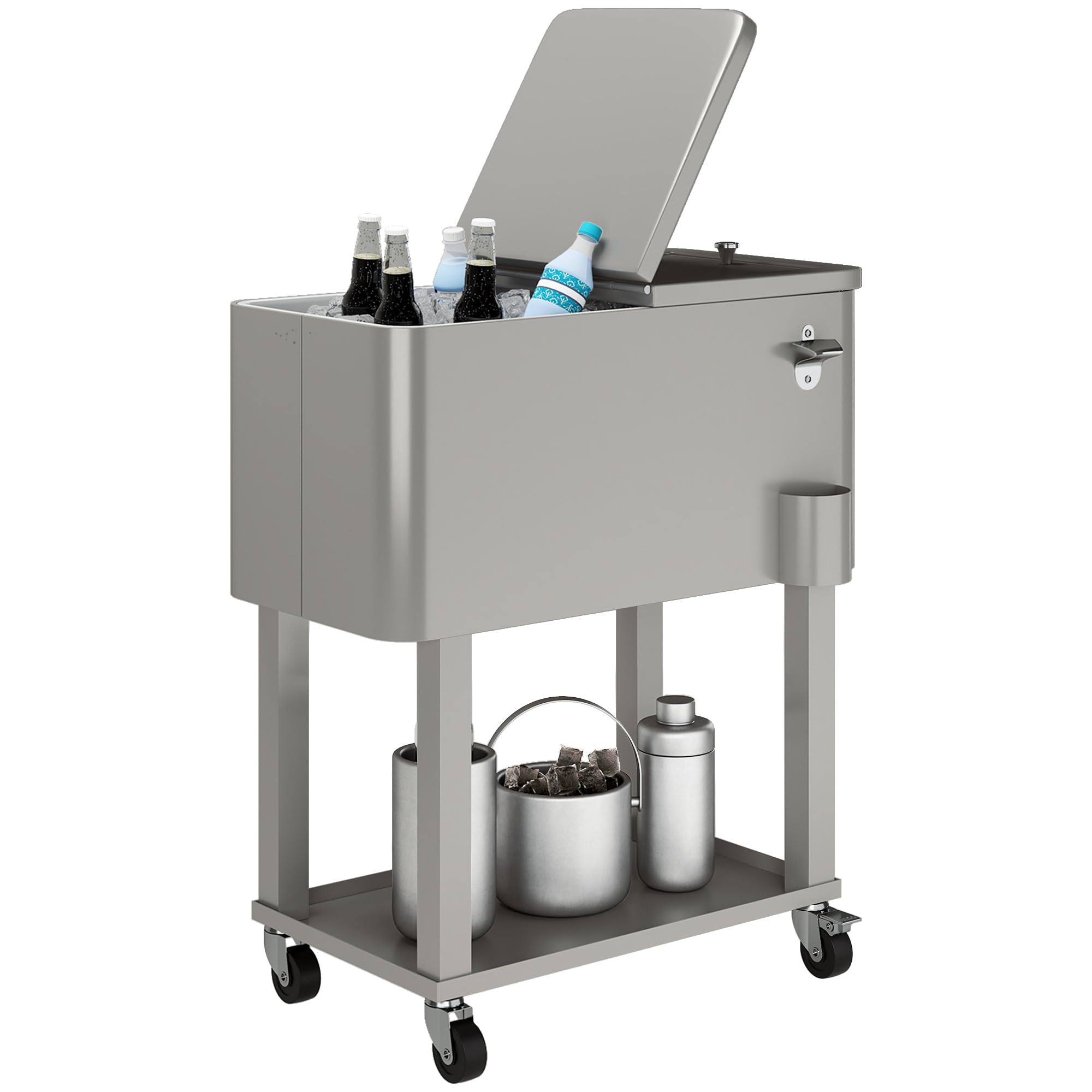 Outsunny Carro de Bebidas Refrigerado 56L Carro Nevera con Ruedas Abrebotellas y Estante para Patio Fiesta Terraza 67x35x80 cm