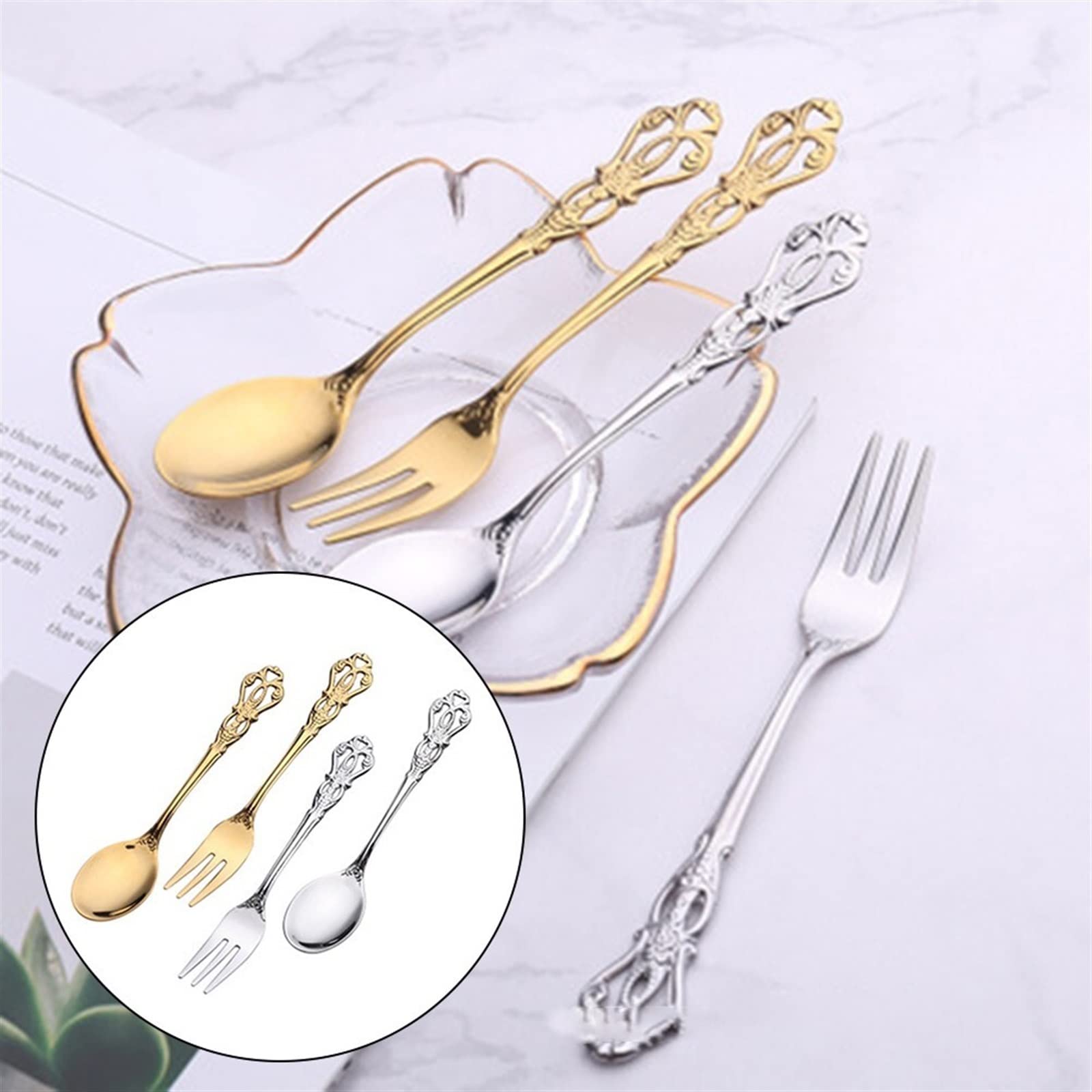 JINGYAN Cuillères à thé Gold Spoons Fork Cutlery Set Stainless Steel Luxury Coffee Snacks Fruit Dessert Spoon Kitchen Tool