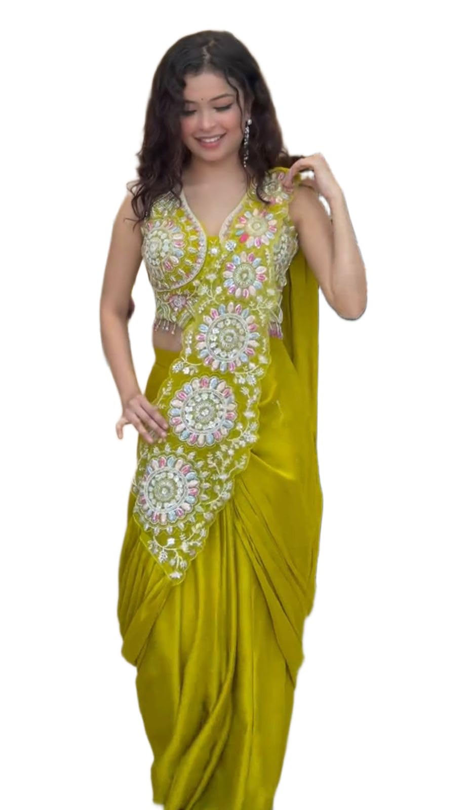 Embroidered Embellished heavy chinone silk ready to wear saree with embroidery sequence work & stitched blouse with fancy latkan-image-19