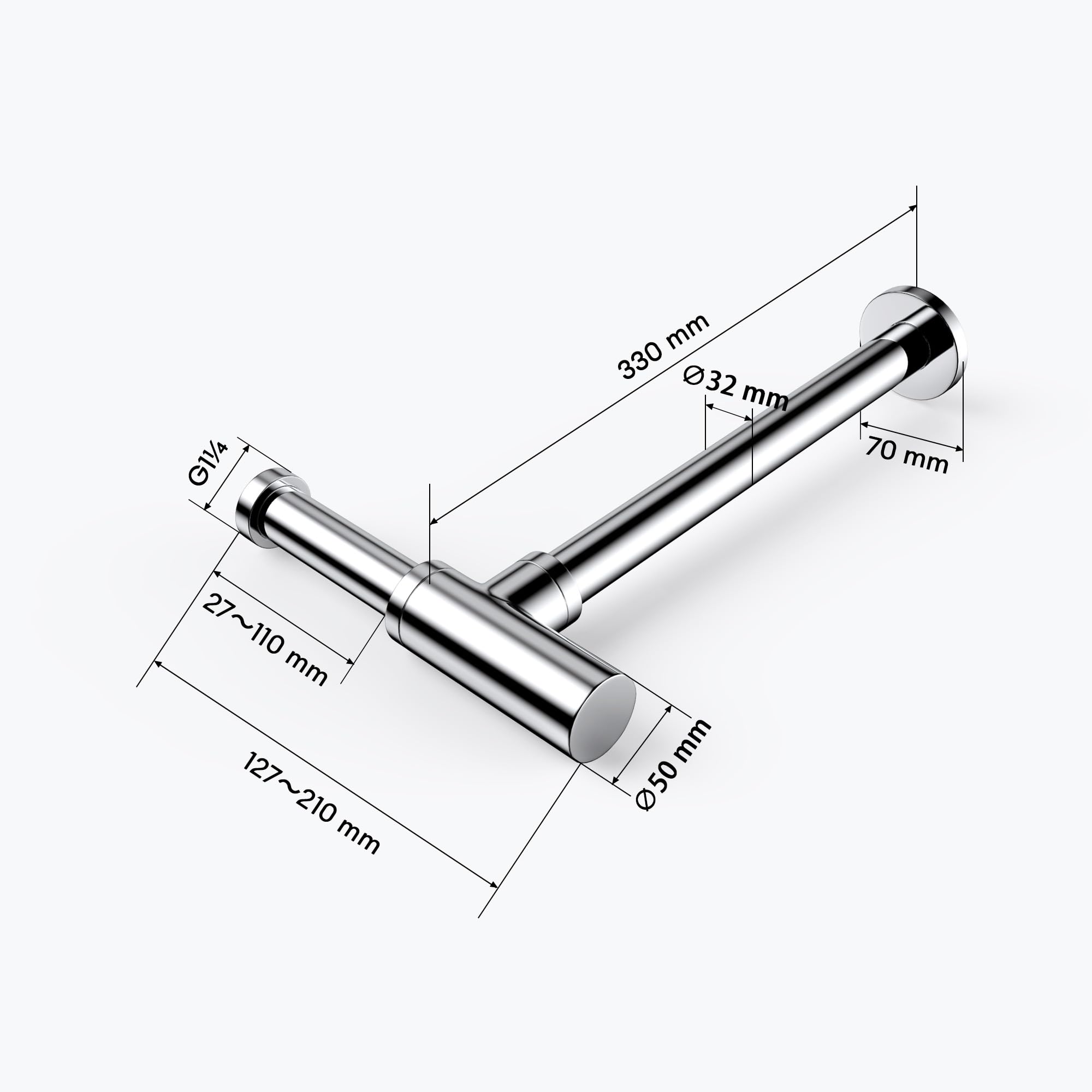 MAI & MAI Sifón Redondo para Lavabo, Latón Cromado, Forma en L, con Tapón Antiolor, Montaje en Pared, Resistente a la Corrosión – S05