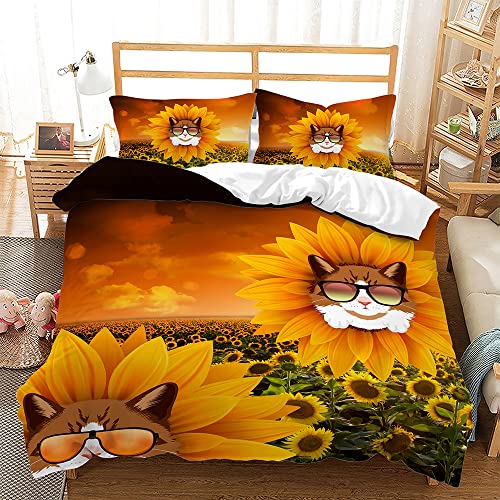 Funda Nordica Cama 90 Gato Girasol Microfibra Funda Nórdica 135X200,Funda Edredon 3 Piezas Transpirable Nordicos Bedding,2 Fundas De Almohada 50X75Cm