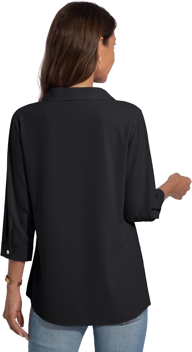 YUCOLEN 3/4 Sleeve Tunic Tops for Women V Neck Collared Shirts Chiffon Work Blouses Dressy Casual S-XXL - Image 5