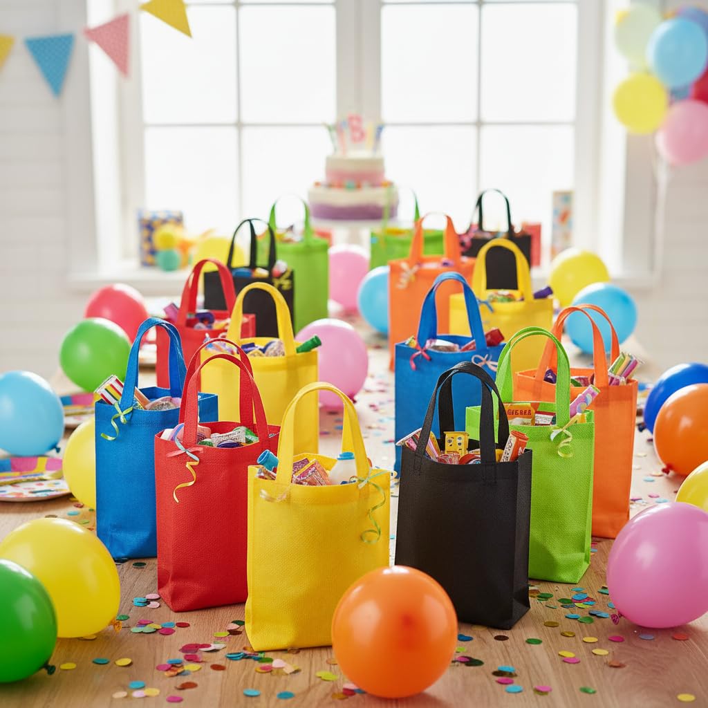 HOT BARGAINS 90 X Non-woven Party Bags Treat Tote Bags with Handles - 6 Colours for Kids Party, Baby Shower, Birthday, Halloween, Xmas, Wedding Celebration - 10 X 10 Inch