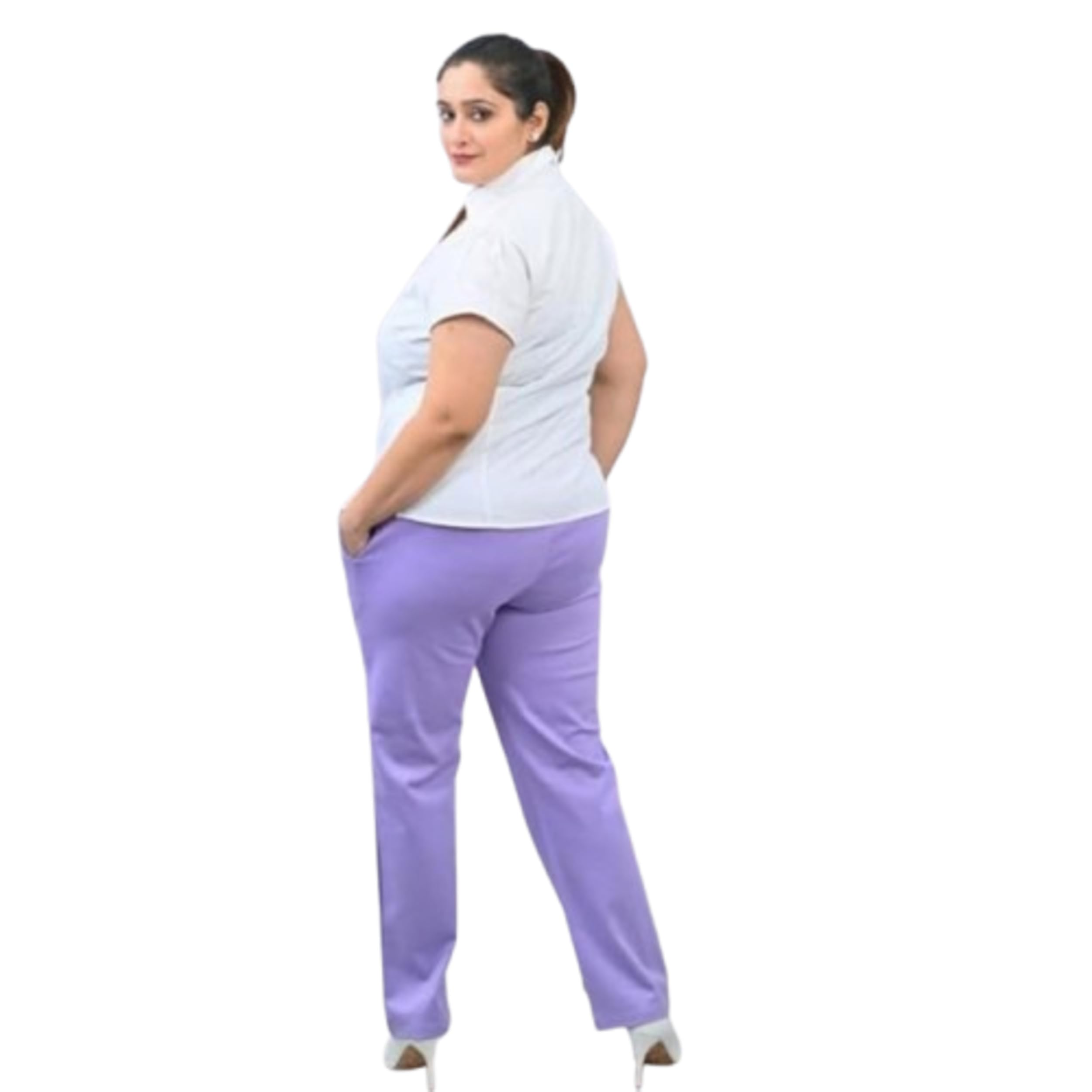 Mid-Waist Plus Size Women's Work Trousers, White-picture-35