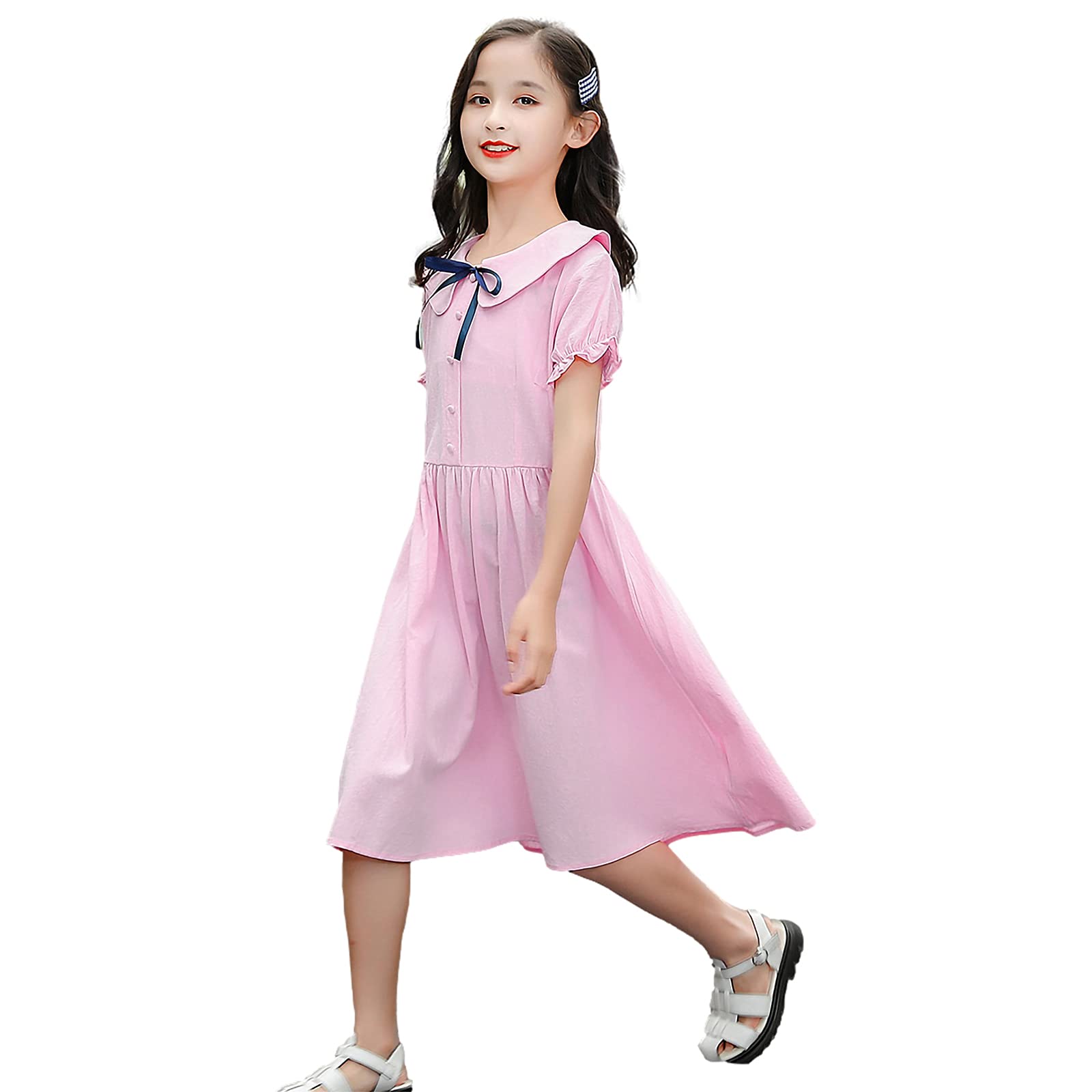 amropi Vestido para Niñas Algodón Manga Corta Corbata de moño Princesa Casual Vestidos 3-10 años