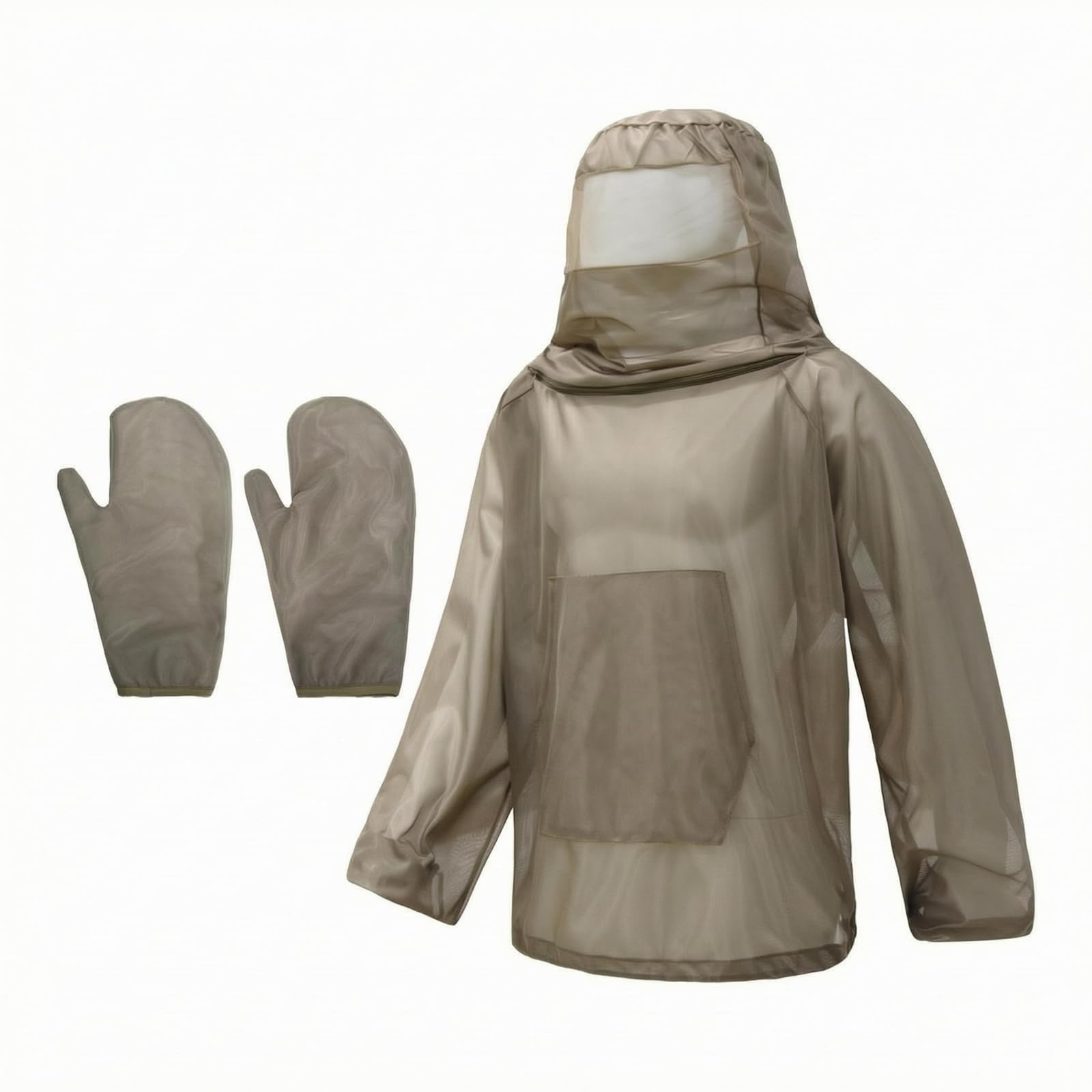 Long Sleeves Net Hooded Top Lightweight Hooded Bug Protection Top Front Pocket Mosquito Net Jacket Matching Gloves, Khaki, M-l-image-45