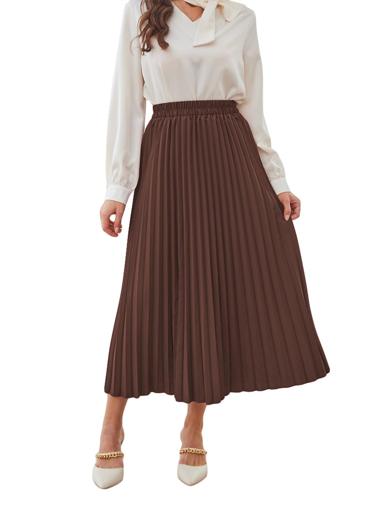 SweatyRocks Womens Casual Solid Longline Pleated Long Skirt