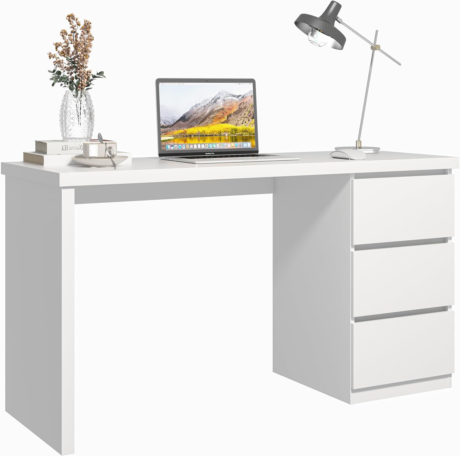 furtble White Desk with Drawers, 55'' W Home Office Computer Desk Gaming Table, Modern Vanity Desk with Storage, Wood Writing Workstation for Bedroom,