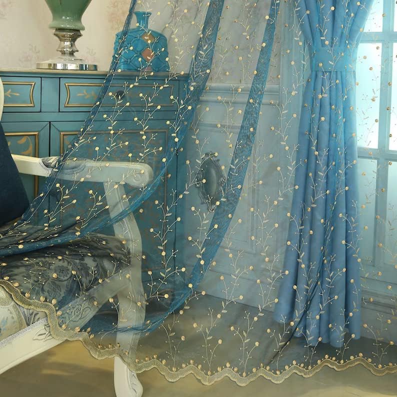 Cortinas traslúcidas azules bordadas con estampado floral, cortinas con bolsillo para barra, cortinas para sala de estar o dormitorio, juego de 2