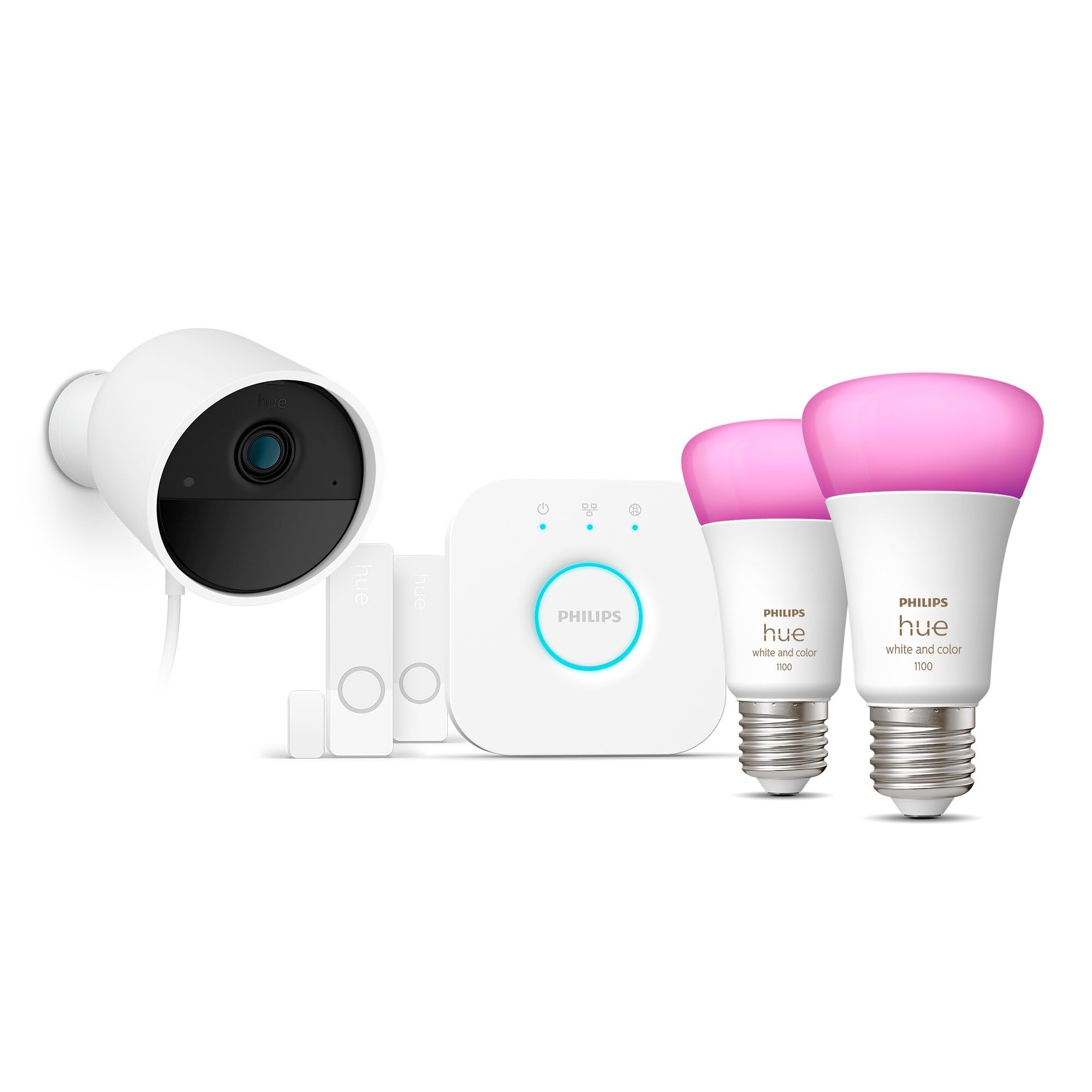 Philips Hue Secure - Cámara de Video Vigilancia con cable (blanca) + 2 Sensores de Contacto (blancos) + 2 Bombillas Color + Bridge, fácil instalación, audio bidireccional, funciona con App Philips Hue