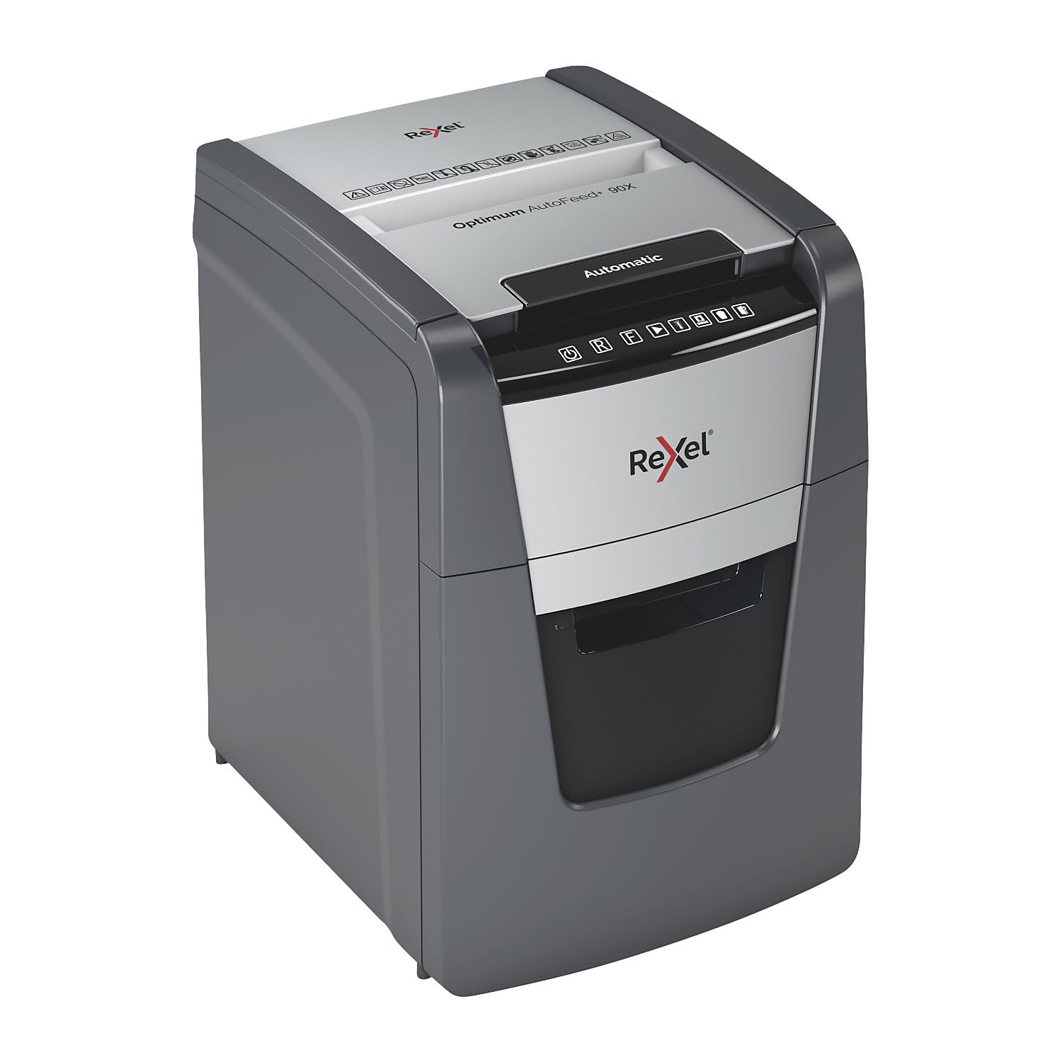 Rexel Optimum AutoFeed+ 90X 2020090XCH - Destructora automática CH, 90 hojas, nivel de seguridad P4, corte de partículas, para casa y oficina en casa, contenedor de basura de 34 litros, con enchufe
