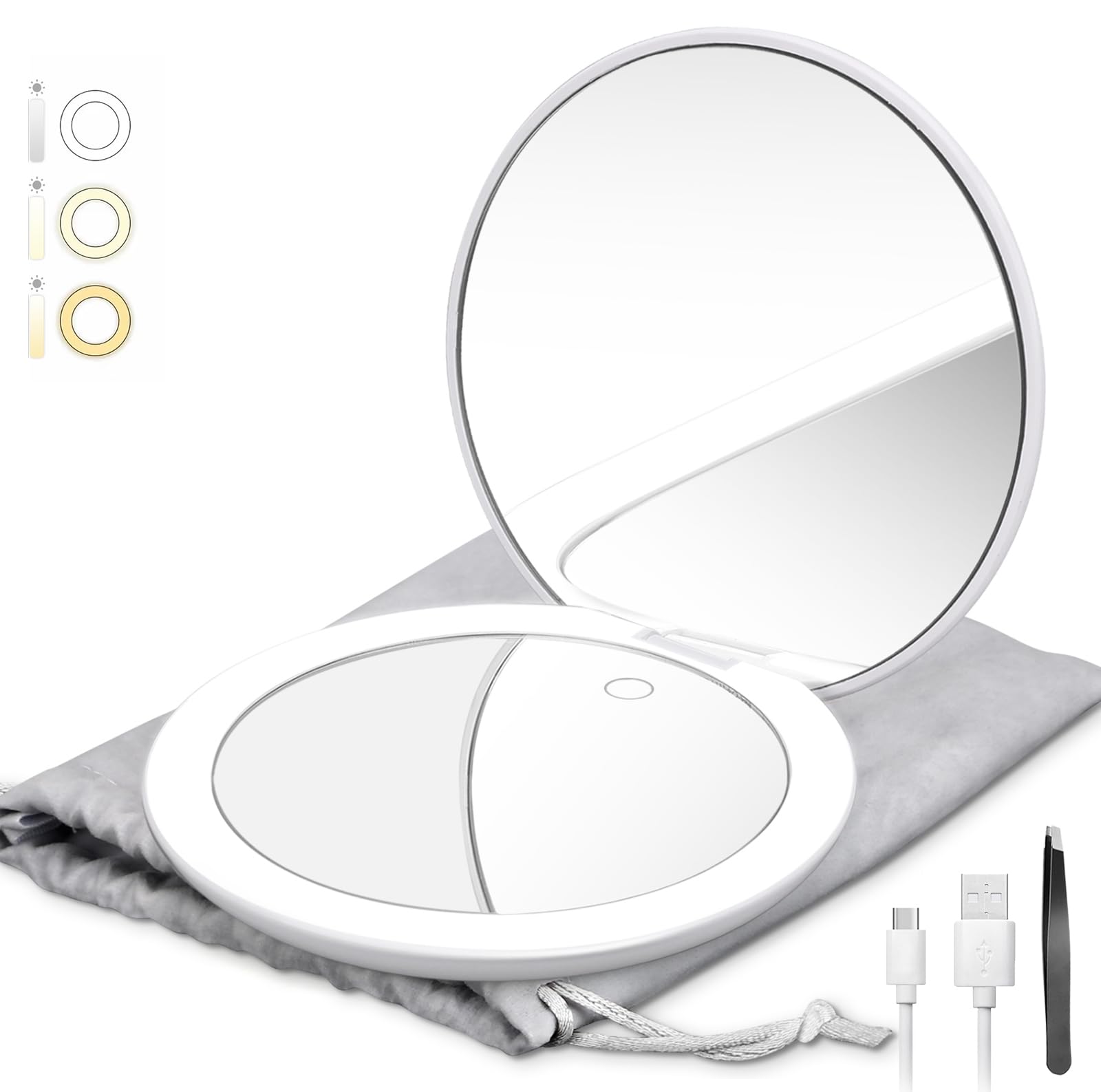 LED Lighted Compact Magnifying Travel Makeup Mirror - 5 inches Double Sided 1X/10X Magnification, USB Rechargeable 1000mAh, Touch Screen, 56 High-CRI LEDs, 3 Colors Dimmable Light, w/Tweezers & Bag