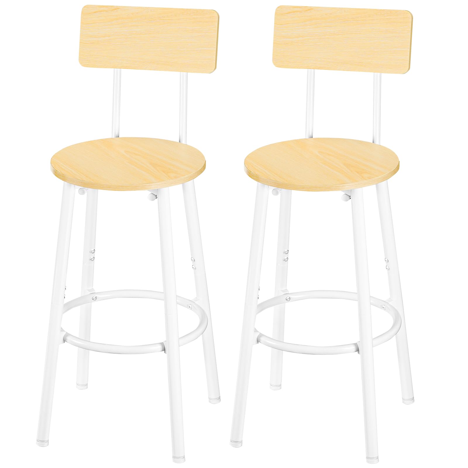HOOBRO Taburetes Altos de Cocina, Juego de Dos Taburetes de Bar Industrial con Respaldo, Taburete con Reposapiés, Silla Alta para Cocina, Patas Ajustables, Fácil Montaje, Blanco y Natural EWN32BY01G1