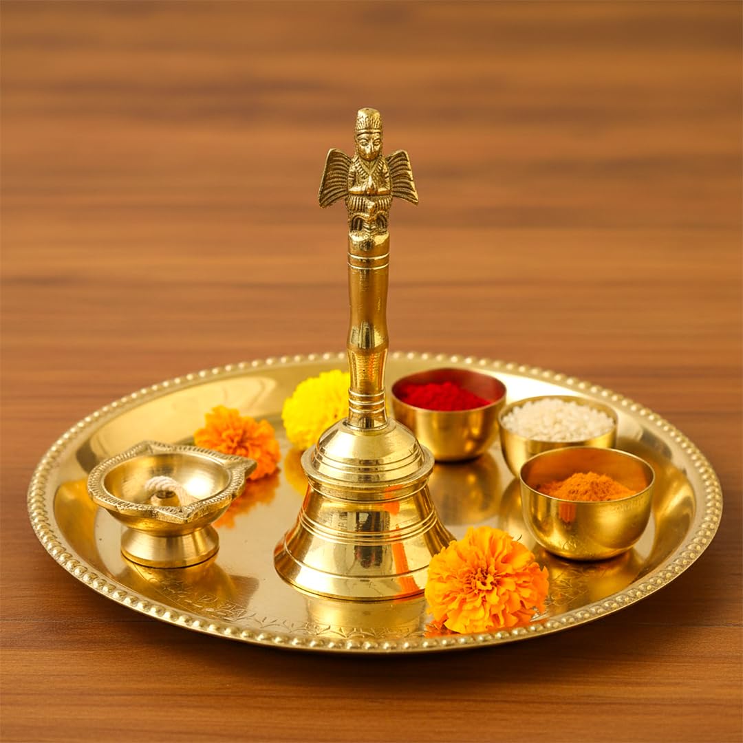 Pujashree Yellow Pure Brass Puja Ki Ghanti For Mandir | Handcrafted Pooja Bell For Aarti | Traditional Temple Ghanti For Home & Office Worship