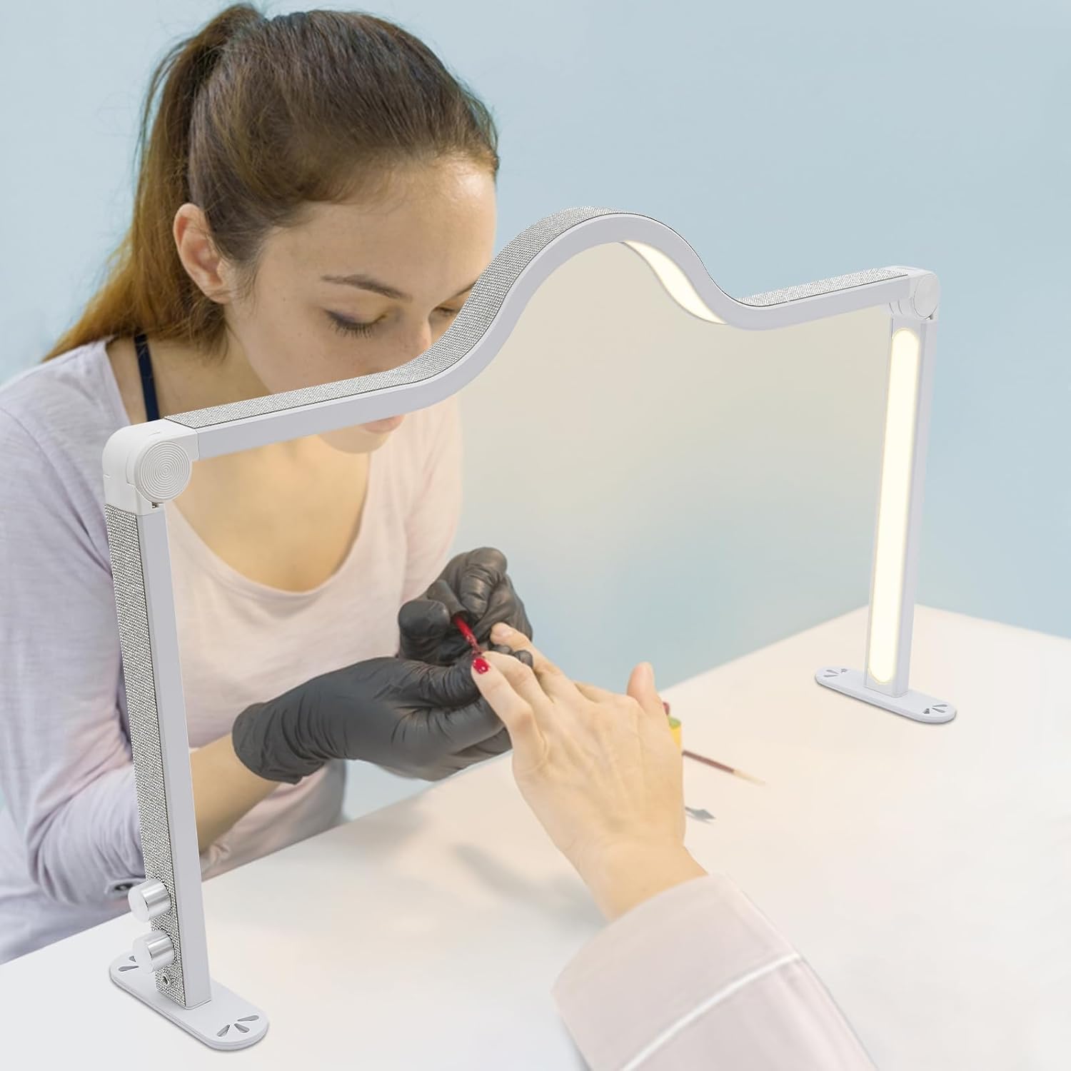 Upgraded Nail Tech Lamp for Desk, 31in Foldable Large Nail Light, 3000-6000K Brightness & Color Temperatures Adjustable LED Manicure Lamp, Half Moon Light for Beauty Eyelashes Tattoos Crafts (White)