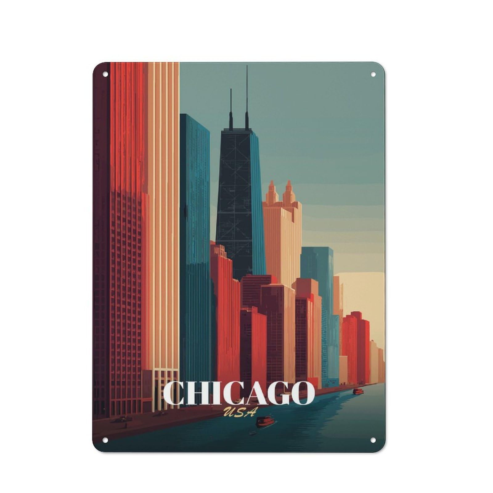 Junmoney Style-13 Metal Wall Sign 40X30cm Featuring Chicago Skyline Art Deco Style For Pub Or Café, Housewarming Wall Decor For People Furnishing Pub And Café