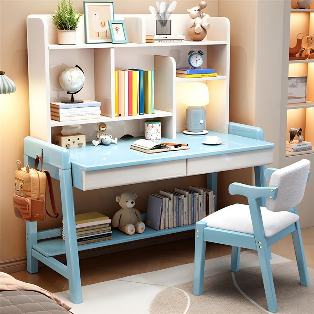 NIUYAO Writing Desk with Storage Hutch Bookshelf Drawers Modern Work Desk Shelves PC Table Home Office Corner Study Desk with Chair -Blue 39" L x 23.5