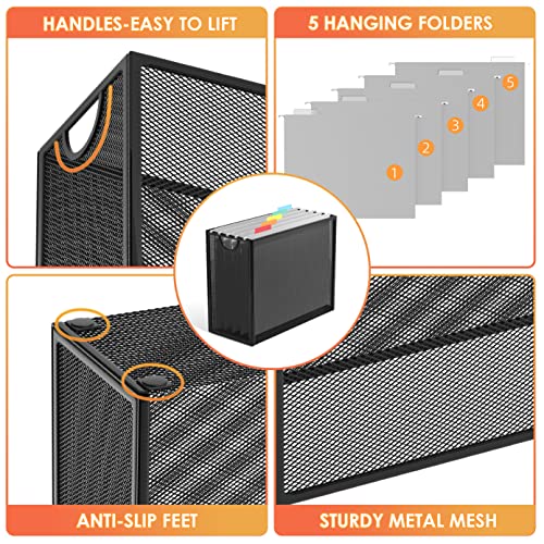 Sinboun Hanging File Organizer Letter-Size File Holder Filing Box Includes 5 Hanging Folders - Metal Mesh Magazine Letter Storage Cabinets File Cart for Office Home School, No Assembly Required - Image 5