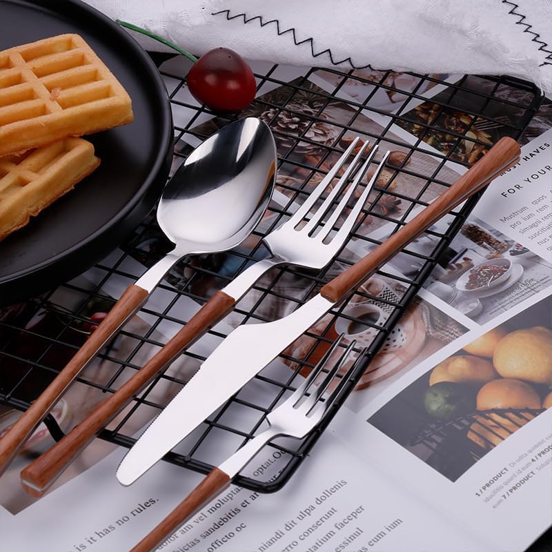 Silverware Flatware Cutlery Set, 5/20/30/40/50/60 Pcs Imitation Wood Grain Clip Handle Steak Knife Dessert Spoon Imitation Wood Handle Stainless Steel Knife Fork Spoon(Gold,50 Pieces for 10)
