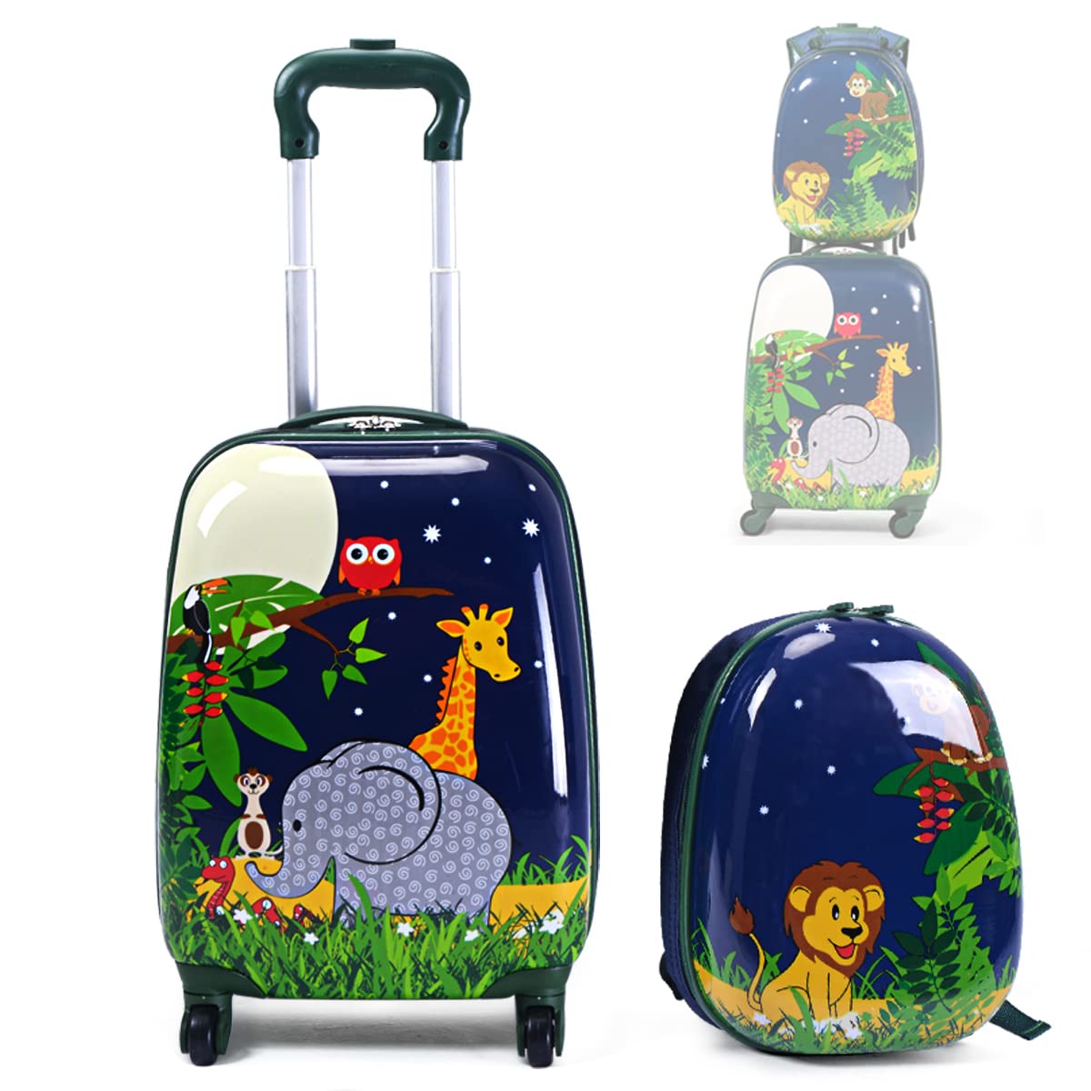 RELAX4LIFE Set Valigia Bambini 2 in 1 Animali Selvatici Blu Notte (Trolley16 + Zaino 12") con Ruote 360°, Maniglia Regolabile, Zaino con Piedini|ABS Resistente|Ideale per Viaggi e Scuola