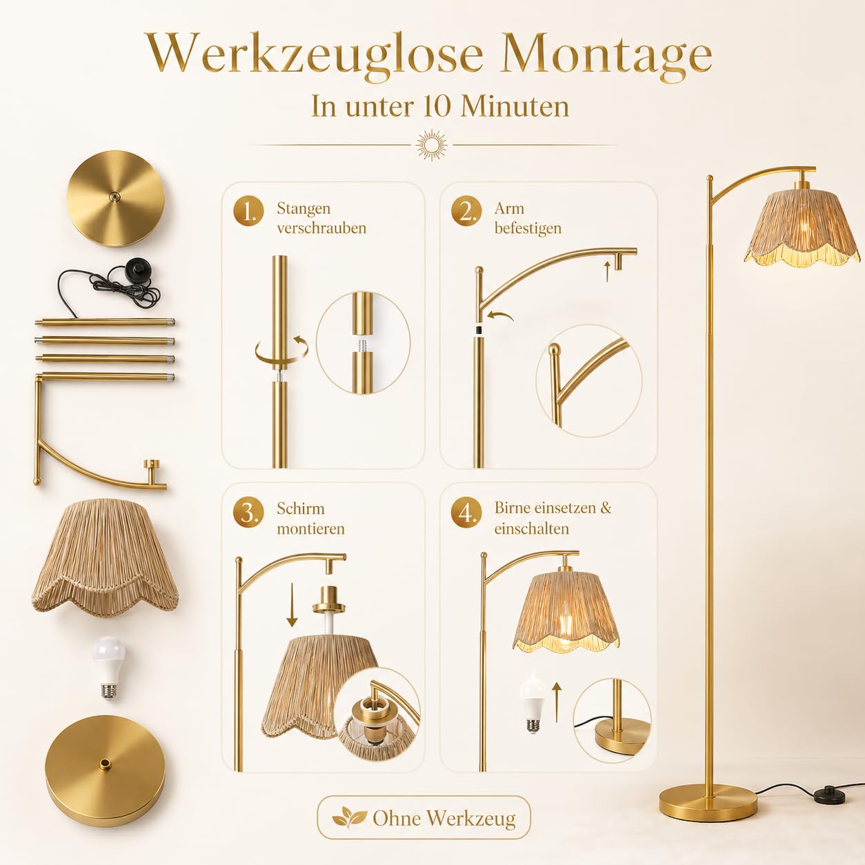 Stehlampe Wohnzimmer Boho, Raffia Lampenschirm in Blütenform, Dimmbar mit Fernbedienung, Timer, 3 Lichtmodi und Speicherfunktion, Gold Bogenlampe Fußschalter für Schlafzimmer & Büro, H170cm