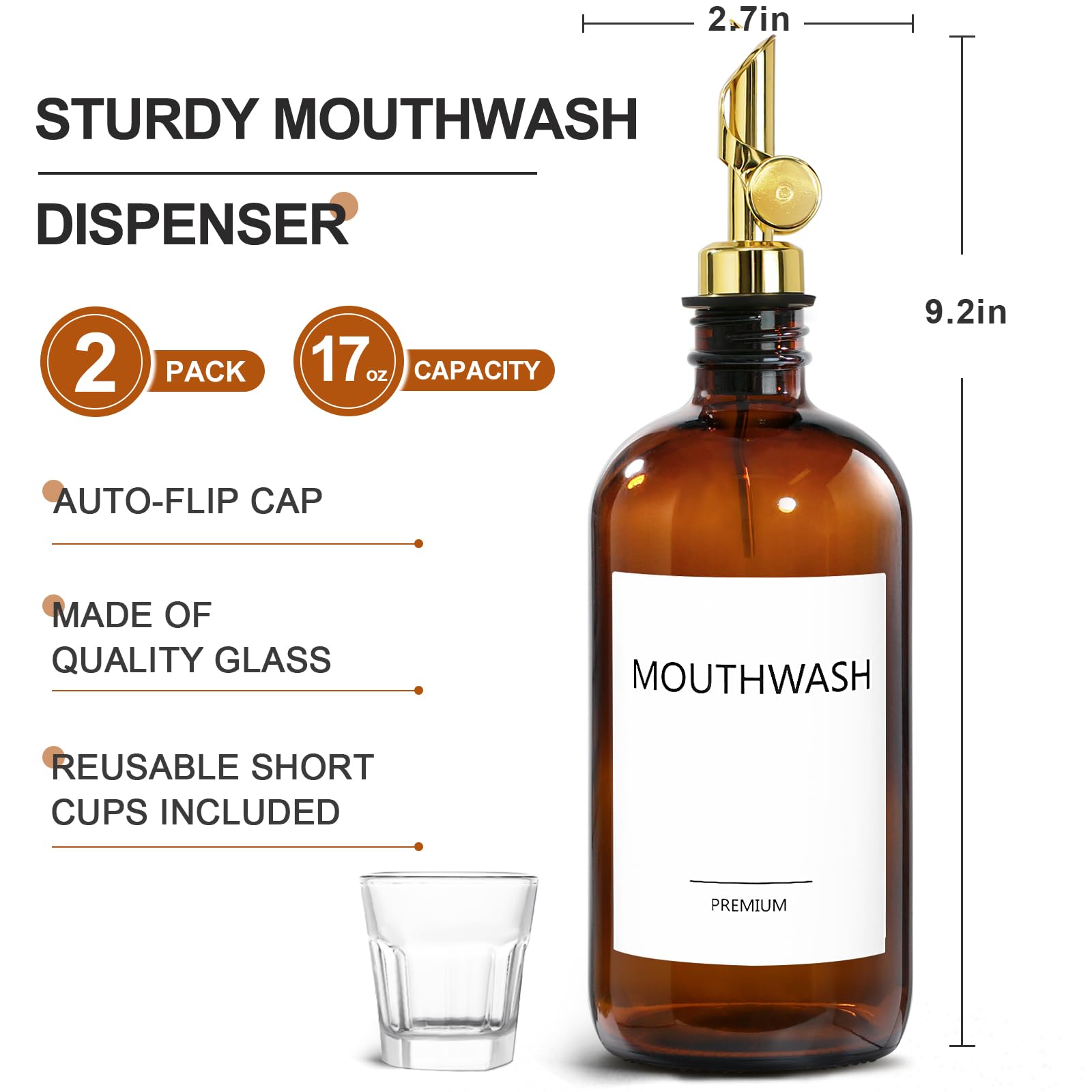 Mundwasserspender für Badezimmer, Glas-Mundspülspender mit Becher, Mundspülbehälterflasche mit Becher, nachfüllbarer Mundspül-Dekanter, 473 ml, bernsteinfarben, 2 Stück