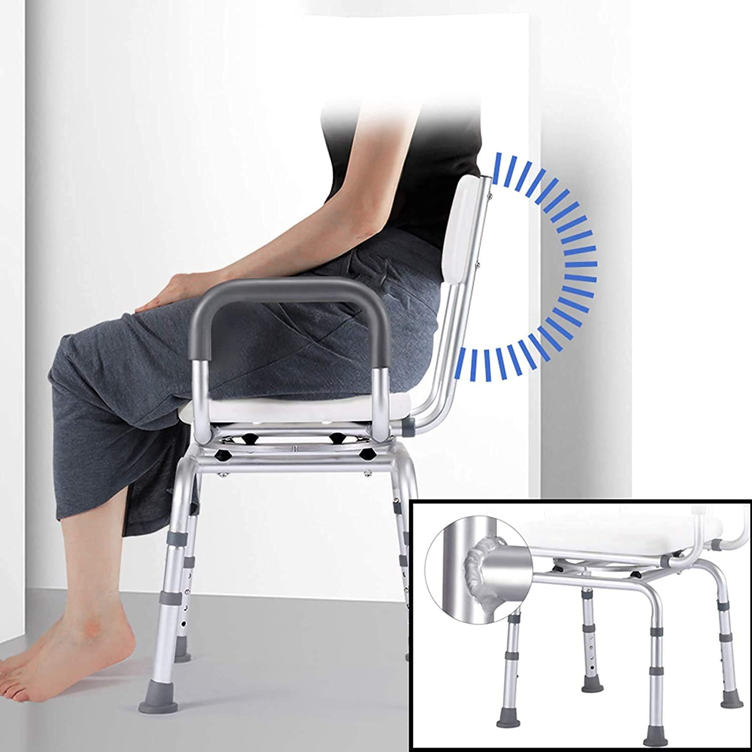 CHEWYNP Silla de Ducha Asiento de Ducha de Altura Ajustable para Trabajo Pesado con Brazos y Respaldo Taburete de Ducha de baño Giratorio Antideslizante, para Ancianos Instalaciones Auxili
