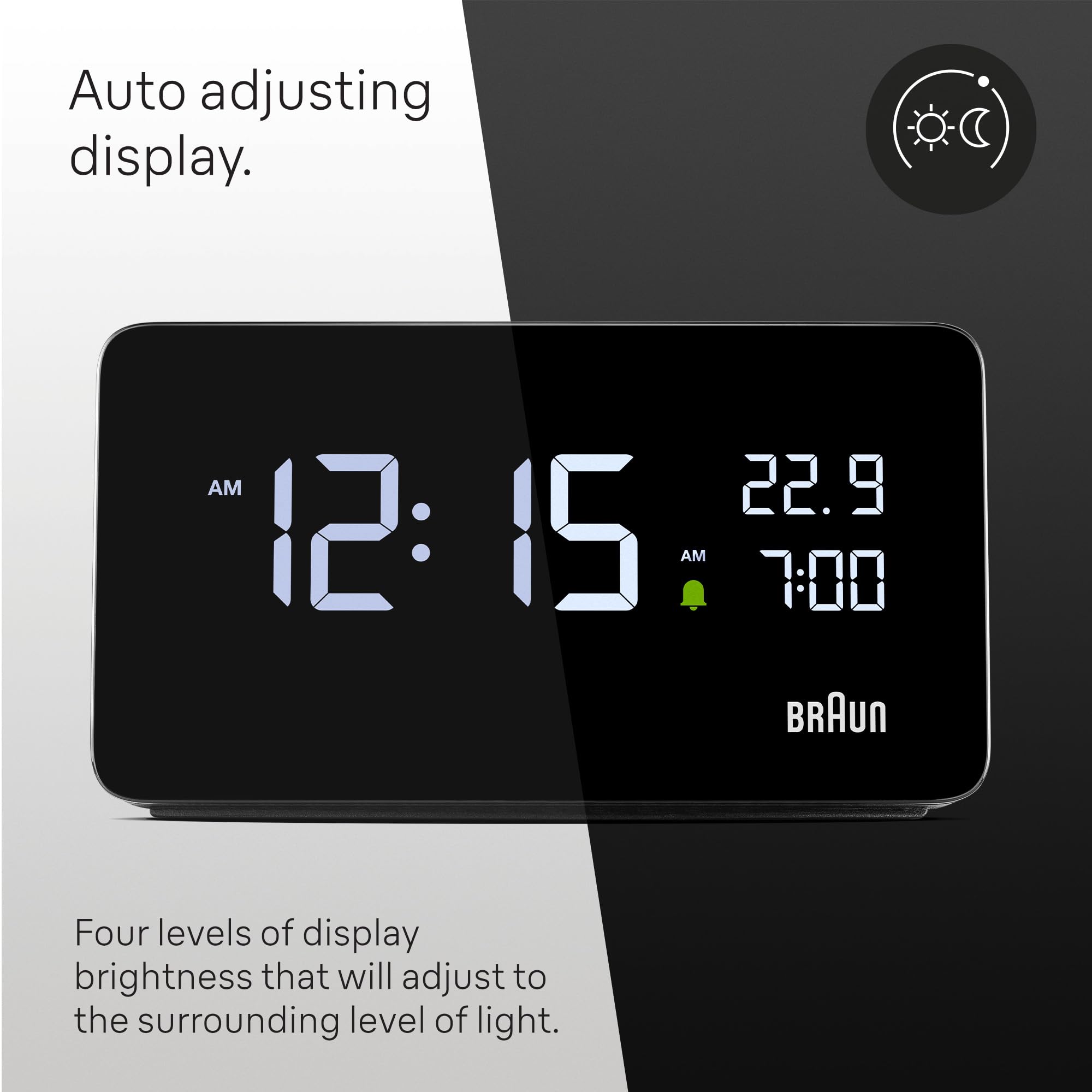 Braun Reloj Despertador Digital Pantalla LCD, 2 Puertos USB-C para Cargar Otros Dispositivos, visualización de Fecha y Hora, repetición táctil, configuración rápida, en Negro, Modelo BC20B.