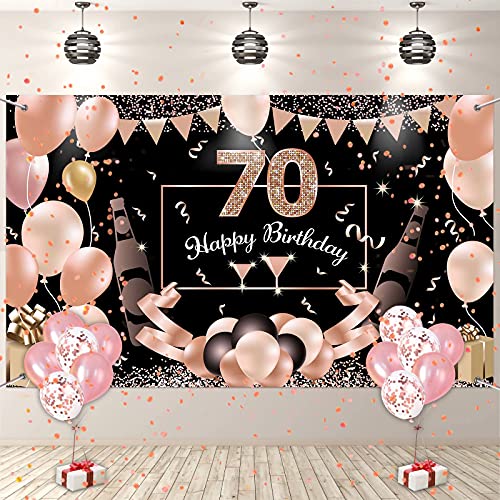 DECORAZIONI COMPLEANNO ORO ROSA: Caratterizzato da elementi di festa unici e dall'elegante colore oro rosa e nero, il striscione buon compleanno è una squisita decorazione di compleanno per il 70° compleanno. Questo set di decorazioni viene fornito anche con palloncini in lattice oro rosa e palloncini a coriandoli, ottimo per una meravigliosa festa a tema.Sicuramente una grande decorazione di compleanno per le donne che compiono gli anni!