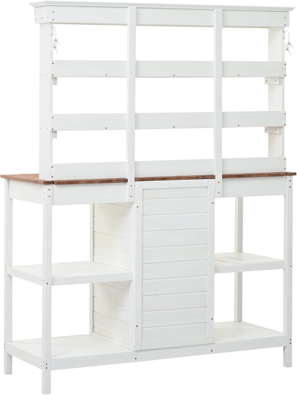 Potting Bench Table with 4 Open Shelves and 2 Drawers, 66" Large Farmhouse Wooden Outdoor Patio Workstation, Garden Potting Bench with Cabinet for Backyard, Mudroom (White-005)