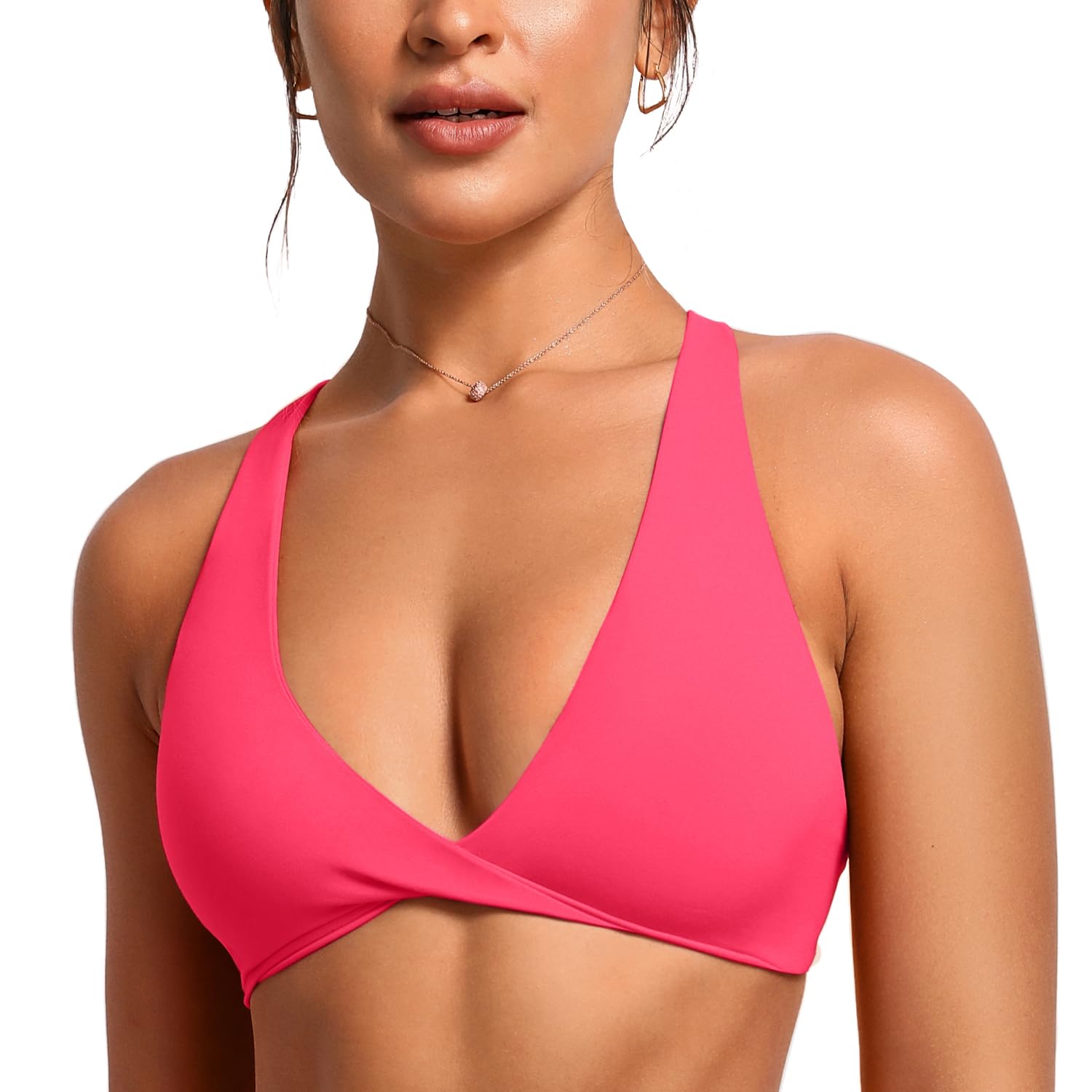 VANTONIA Womens Butterluxe Twist Front Sports Bra Deep V-Neck Crop Top Strappy Cross Back Bra with Nipple Covers-Vivi Bra