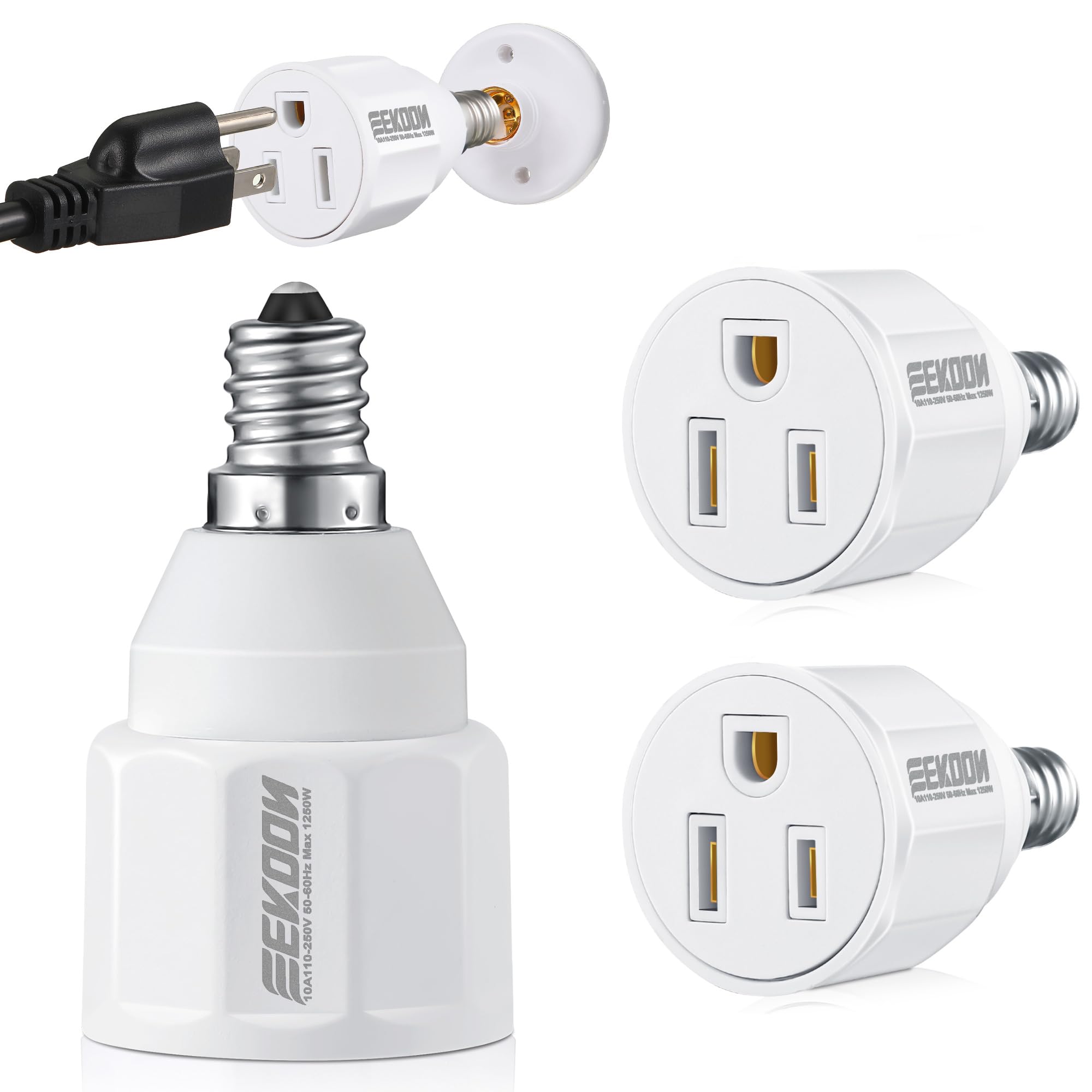 Feekoon 3pcs E12 3 Prong Light Bulb Socket Adapter, Polarized Outlet, White