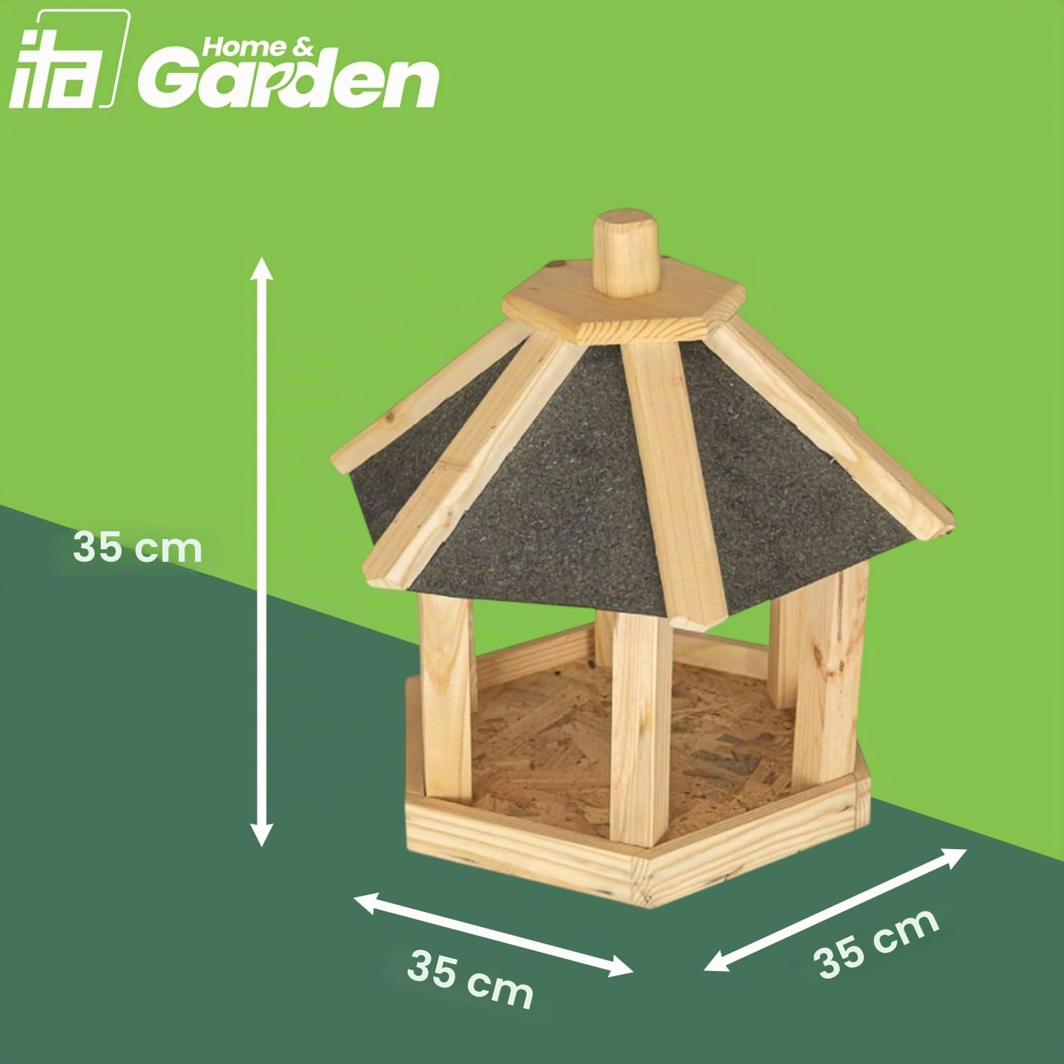 ITA Casetta per Uccelli 37x33x35 cm in Legno con Supporto - Mangime per Uccelli Selvatici - Resistente alle Intemperie, Stabile e Robusta