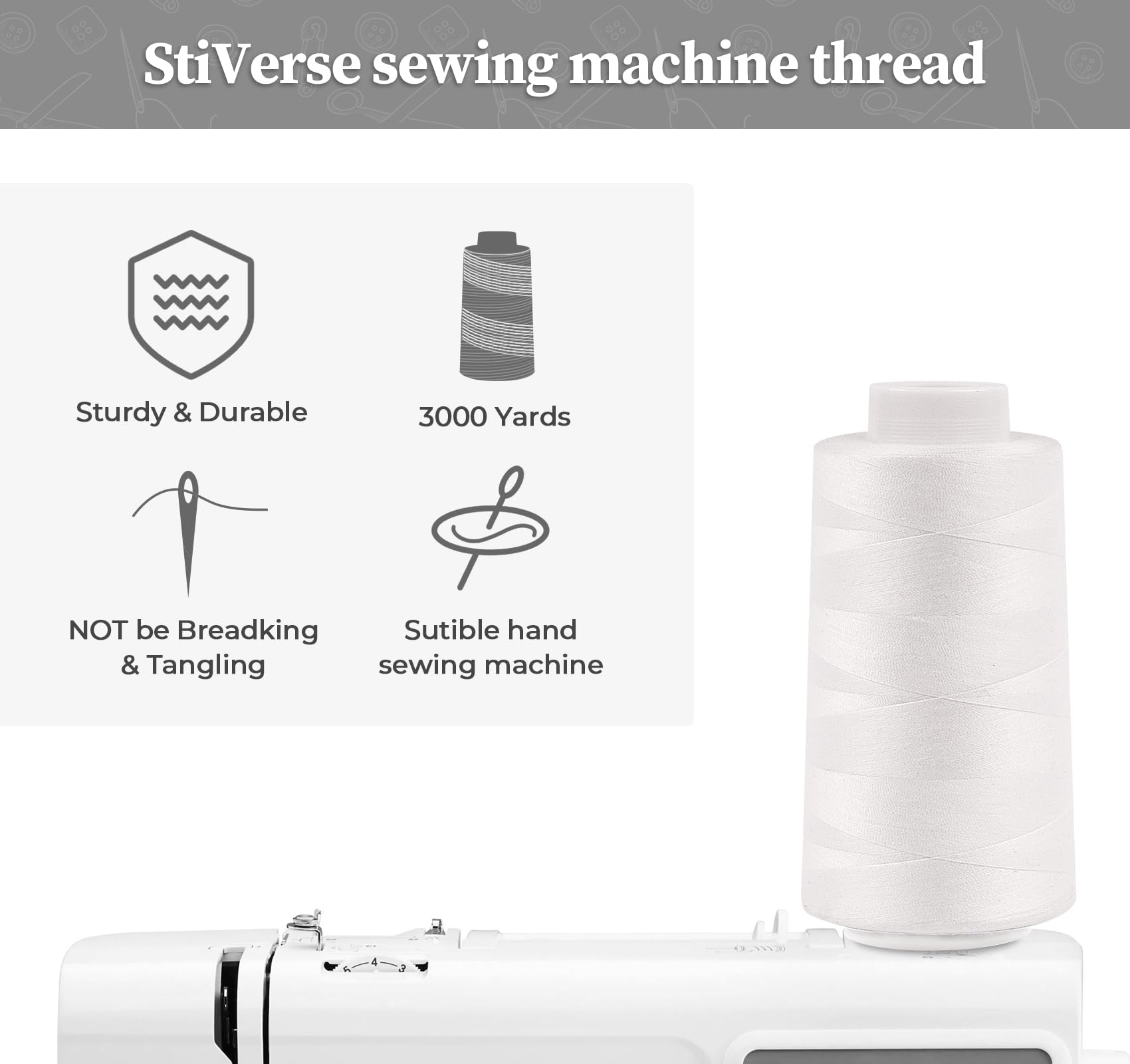 Serger Thread - Hilo de 4 conos de 3000 yardas cada carrete, hilo multiusos para costura, hilo de poliéster 40S/2 para Serger&Overlock, acolchado, piezas, máquina de coser, color blanco