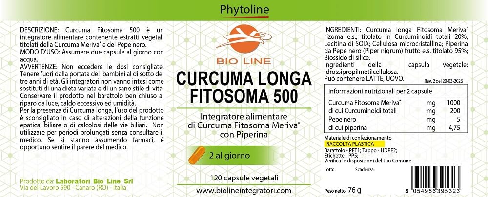 Bio Line - Curcuma e Piperina 120 Capsule Vegetali, Integratore Alimentare con Fitosoma Meriva, 500mg Curcumina per Capsula, Integratori Alimentari Made in Italy