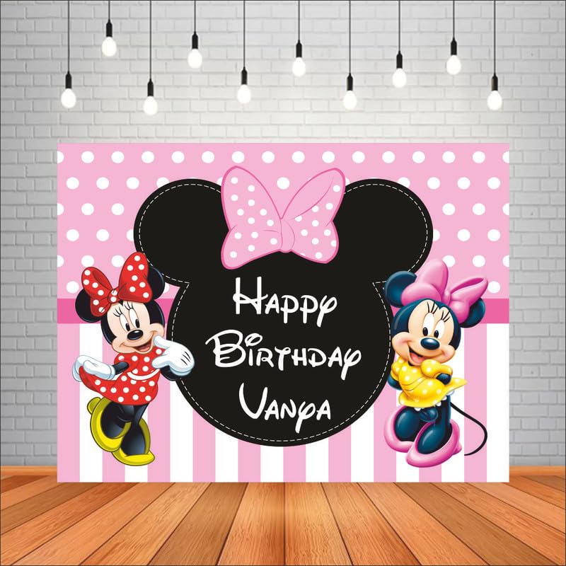 Customised Minnie Birthday Banner | Theme Party Decoration for Kids | Birthday Backdrop for Girls (Pack of 1, Multi Color, Size: 4x3 Feet)