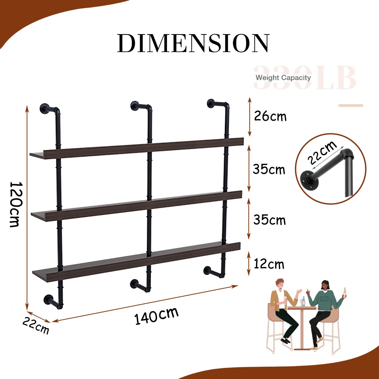 Weinregal Wand, Industrieller Massivholz Weinpareite Display Rack, 3 Ebenen Weinflaschenhalter Wandmontage, schwebendes Barregale Wand für Zuhause, Bar Deko, Küche, Restaurant (140cm)