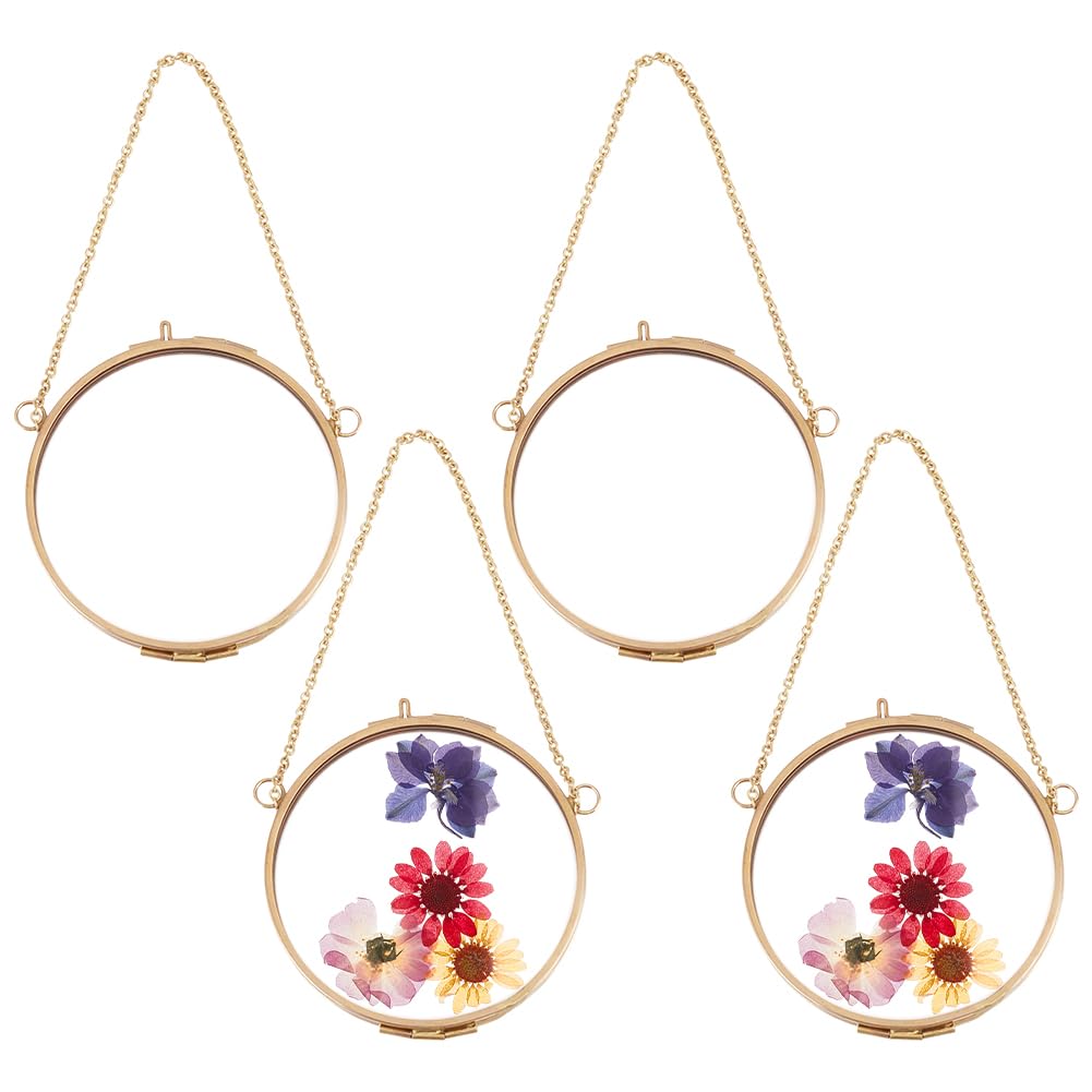 OLYCRAFT 4pcs Round Hanging Glass Frame 9.3cm Wall Hanging Brass Floating Frame Double Glass Picture Frame with Chain DIY Artwork Display Frames for Pressed Flowers Pictures Home Wall Decor