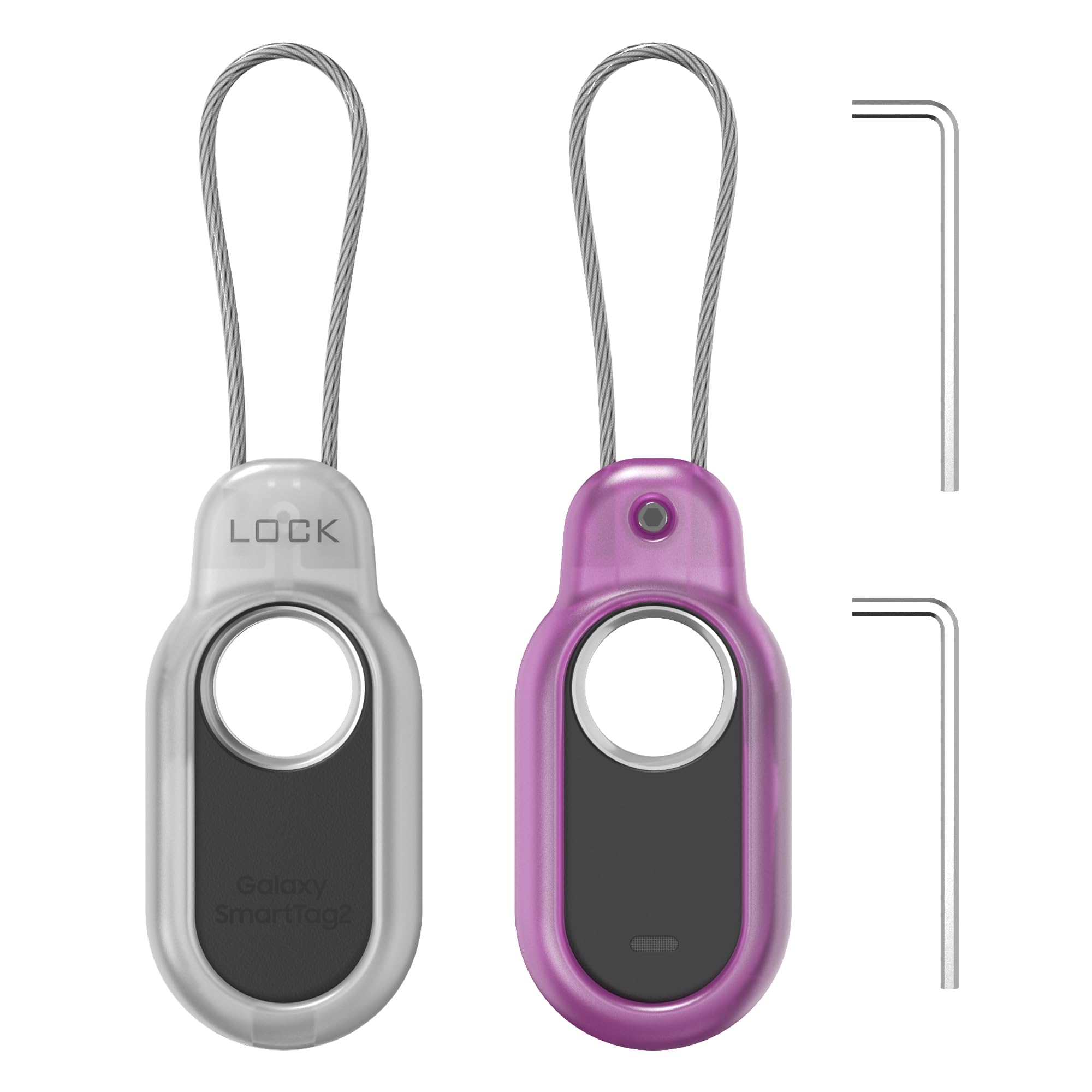 2 Pack for Samsung Galaxy SmartTag2 Case with Wire Cable Lock, Smart Tag 2 Secure Holder Case, SmartTag 2 Hard PC Cover for Keys, Wallet, Luggage, Pets (Clear Purple+Clear)