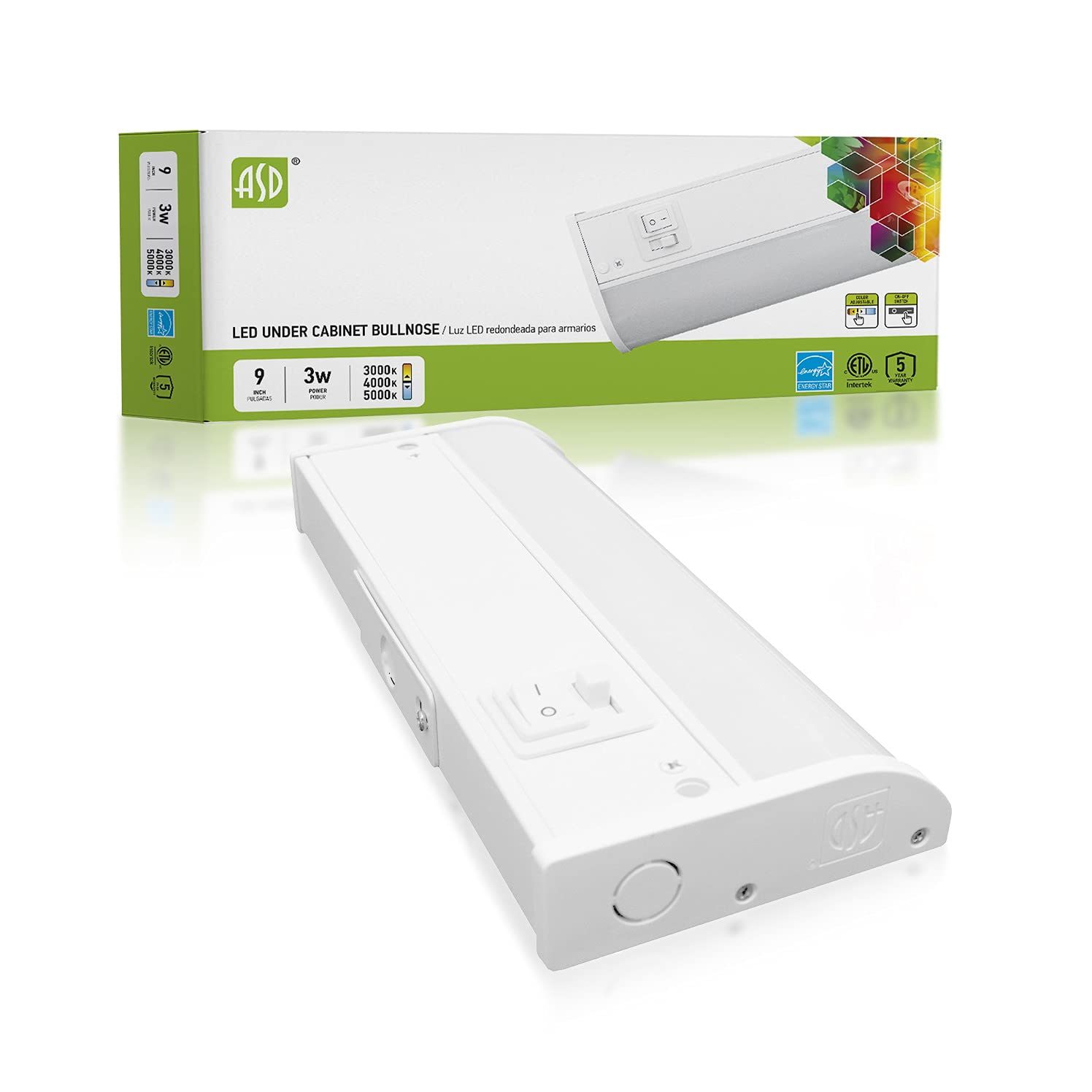 ASD LED Under Cabinet Lighting, 9 inch 3W 202 LM, Dimmable Hardwired Under Cabinet Lights for Kitchen, 3000K Soft/4000K Cool/5000K Daylight, Under Counter Light Fixtures, ETL Energy Star White Finish