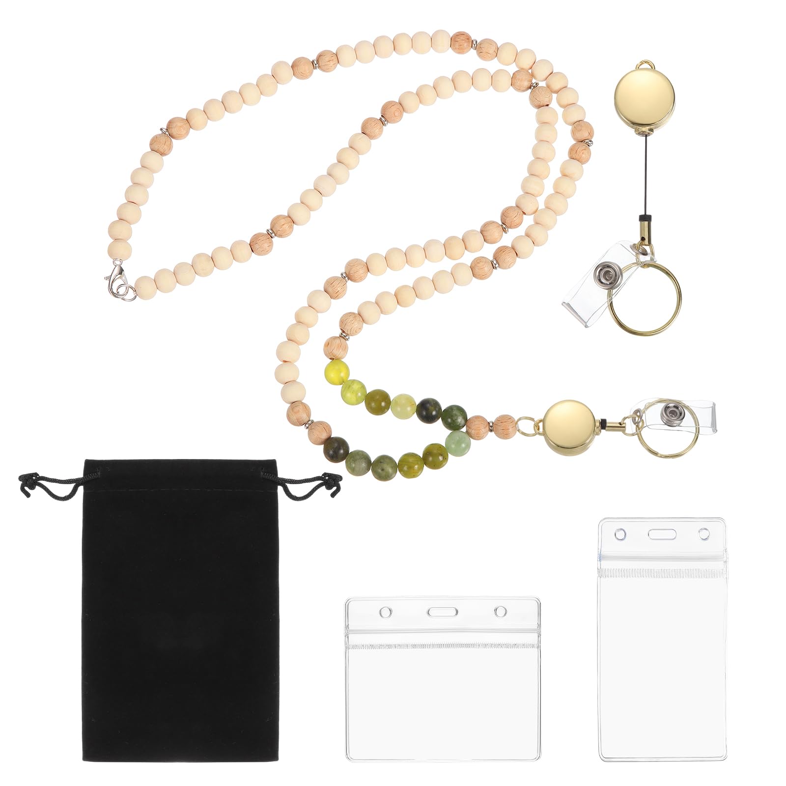 PATIKIL Retractable Wood Beaded Lanyards for ID Badge Holder, Beads Keychain Lanyard with Vertical & Horizontal Badge Holders for Women Teacher Gift Keys Chain Cards, Green Flower Jade
