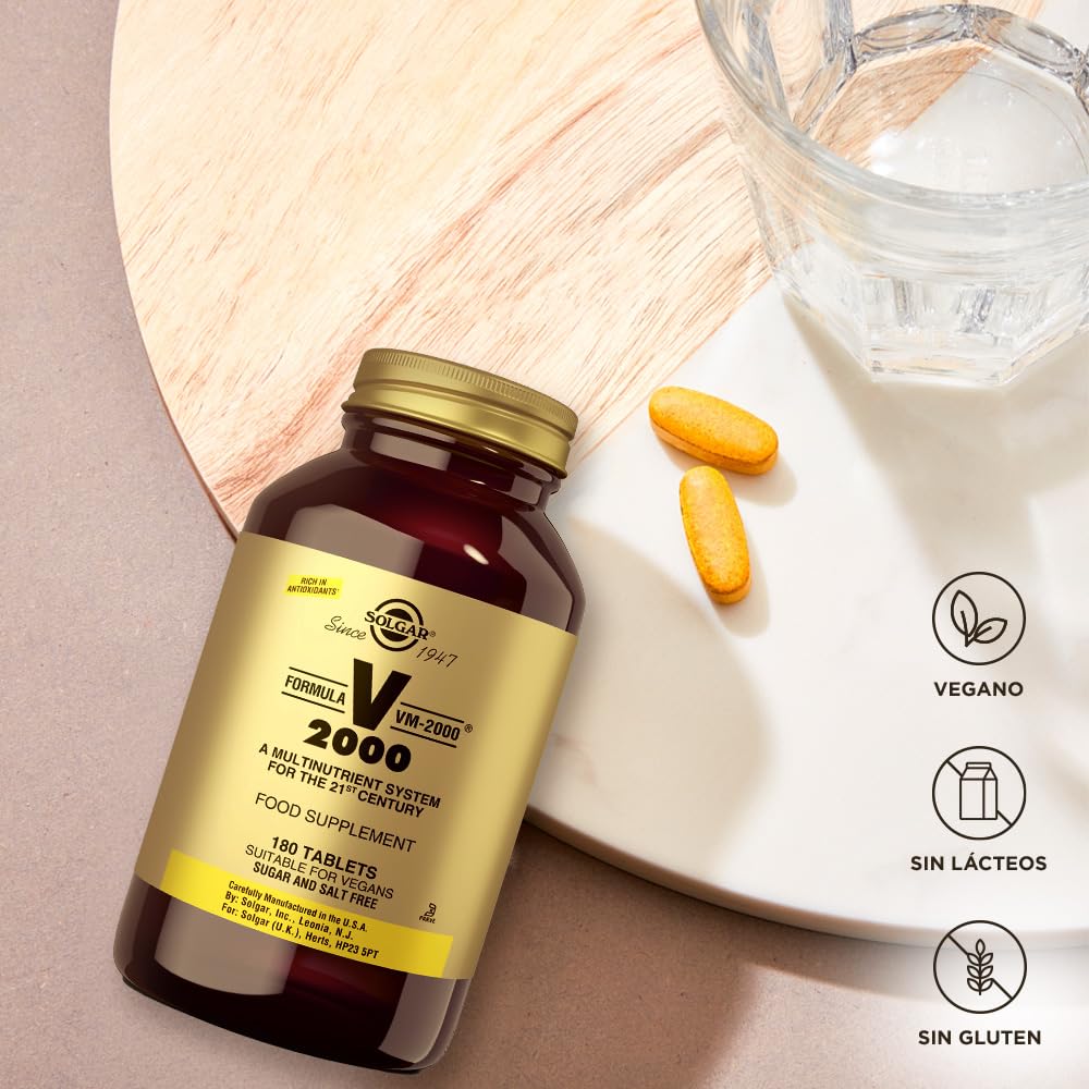Solgar VM-2000 Fórmula Multinutriente de Alta Potencia | 180 Comprimidos | Con Vitaminas B, C, Hierro Bisglicinato y Aminoácidos | Reduce el Cansancio y Apoya el Metabolismo Energético | Vegano | Contiene zinc, apoya el sistema inmunológico saludable, veg