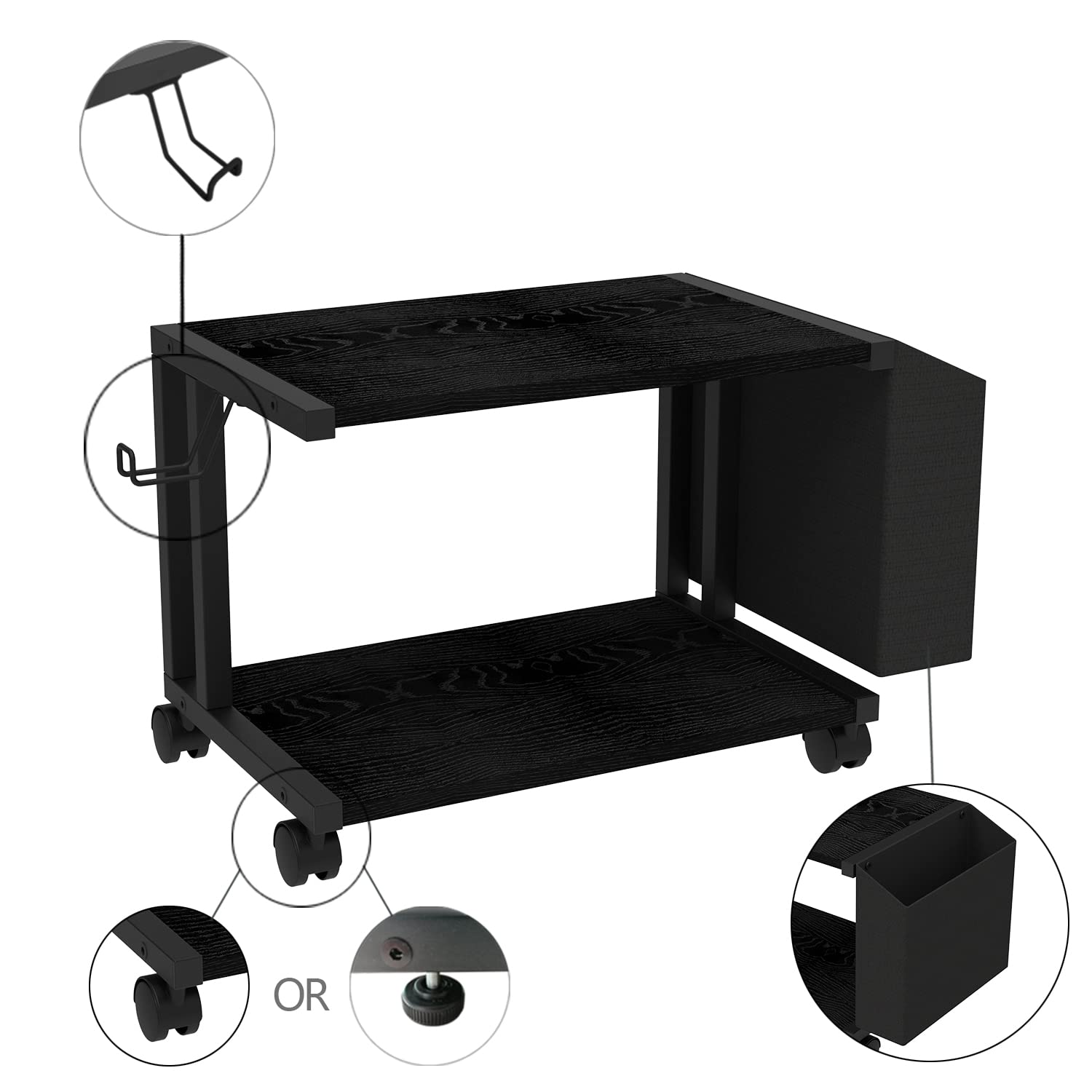 VEDECASA Supporto per stampante a 2 ripiani nero con borsa portaoggetti per casa, ufficio, scrivania, stampante, tavolo, organizer per scrivania, ripiano per stampante mobile con rotella (nero)