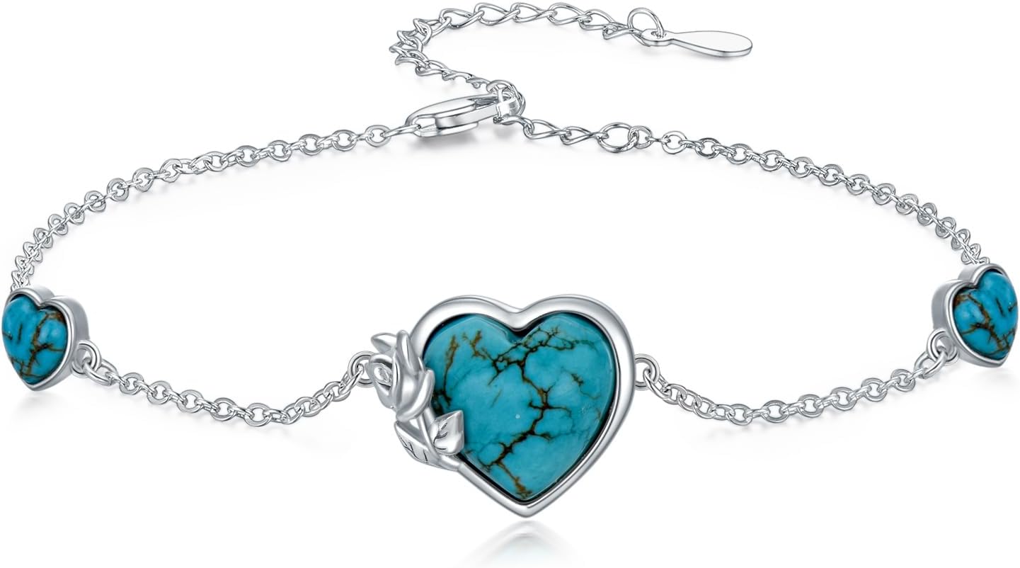 Turquoise Rose Bracelet 925 Sterling Silver Real Heart Turquoise Gemstone Adjustable Bracelets Jewelry for Women