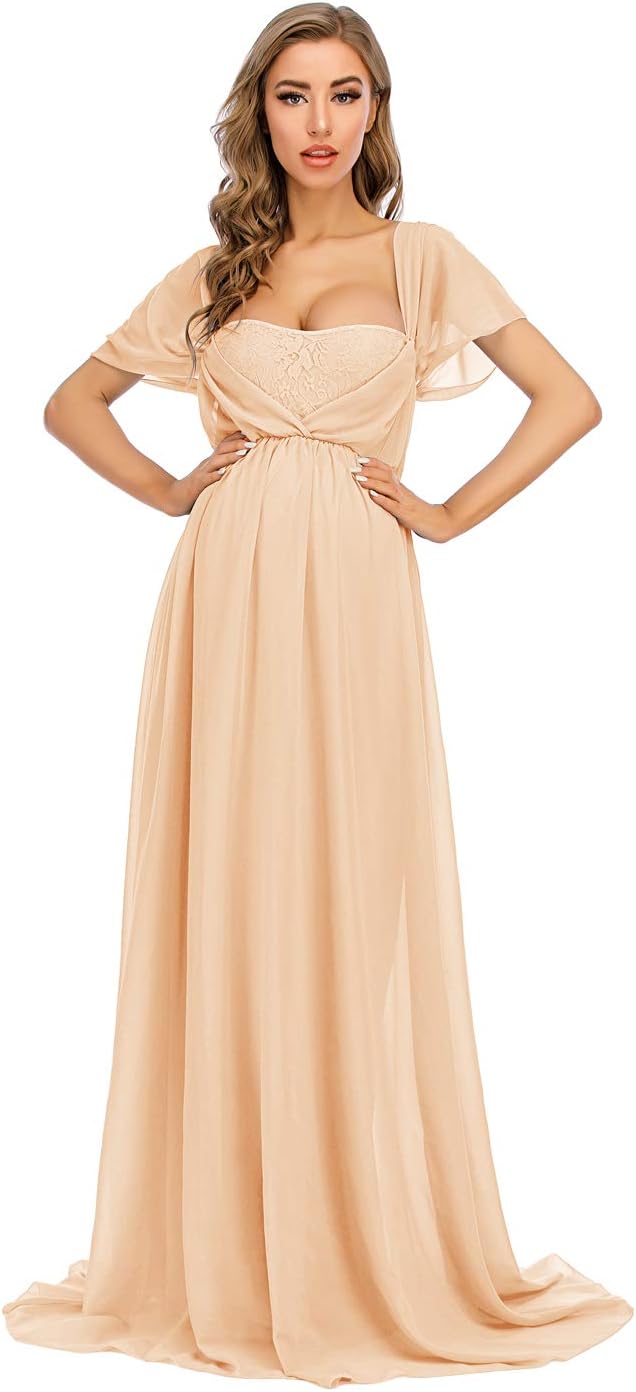 ZIUMUDY Maternity Off Shoulder Chiffon Gown for Photo Shoot Maxi Lace Dress for Baby Shower Bridesmaid Party Dress